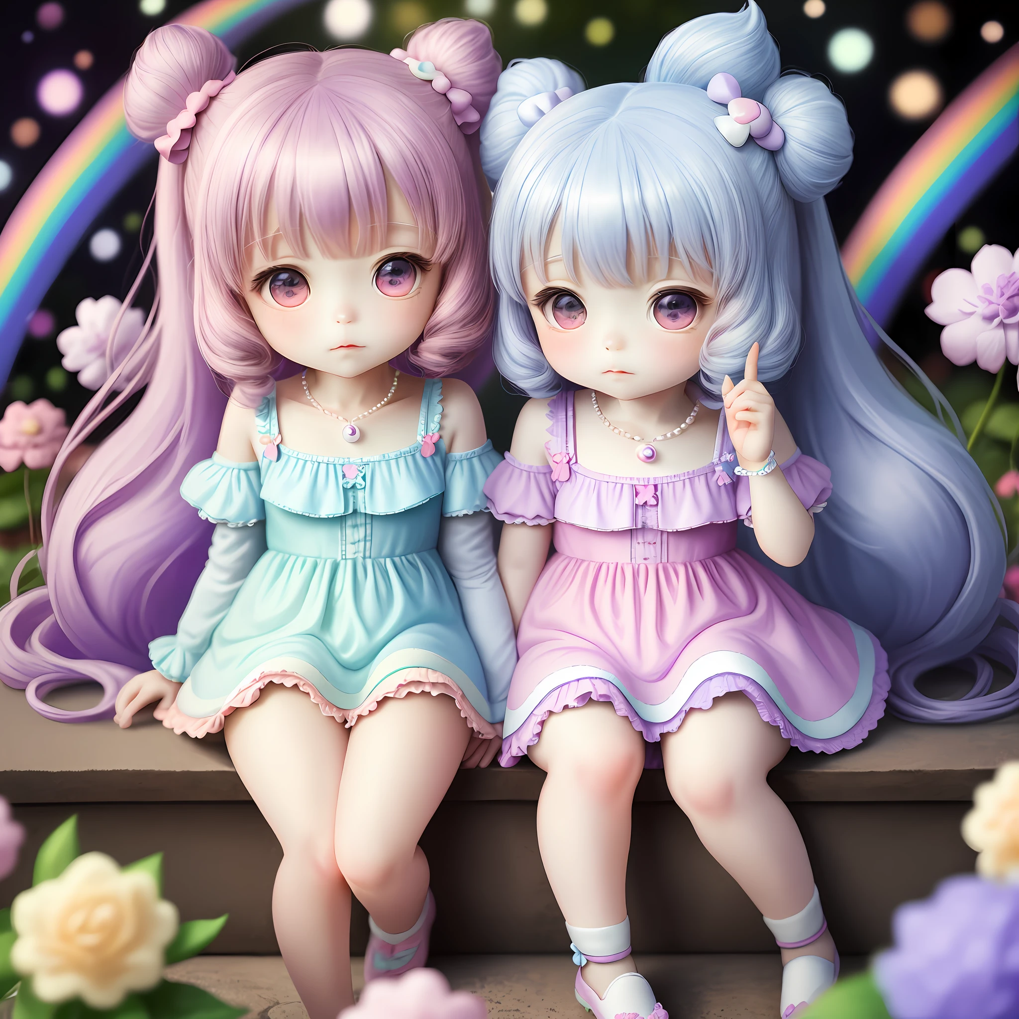 Kiki and Lala, High Resolution, Chibi, Whipped Cream Garden, Rainbow, Pastel Colors, Light Blue and Purple and White, Pearl, Bokeh, (Masterpiece: 1.4)