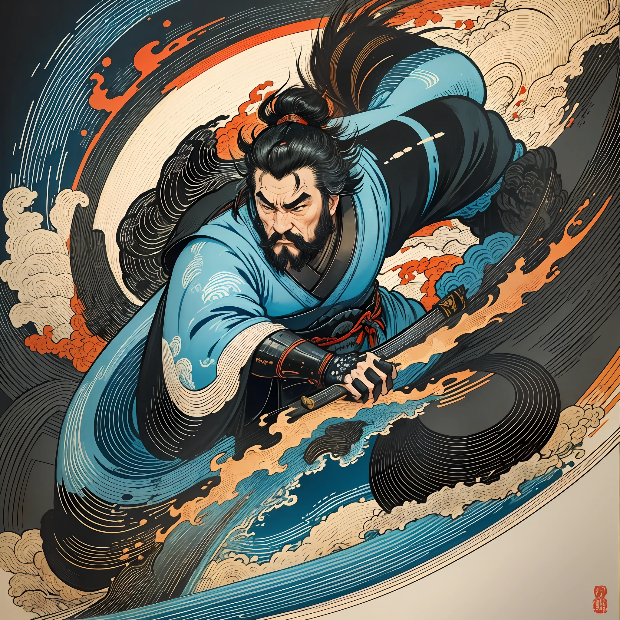 It is a full-body painting with natural colors with Katsushika Hokusai-style line drawings. The swordsman Miyamoto Musashi has a big body like a strongman. Samurai of Japan. He has a dignified yet manly expression of determination, short black hair, and a short, trimmed beard. His upper body is covered in a black kimono and his hakama is knee-long. In his right hand he holds a Japan sword with a longer sword part. In the highest quality, in the high-resolution ukiyo-e style lightning and swirling flames of the masterpiece. Miyamoto Musashi stands with his face and body facing forward, his back straight.