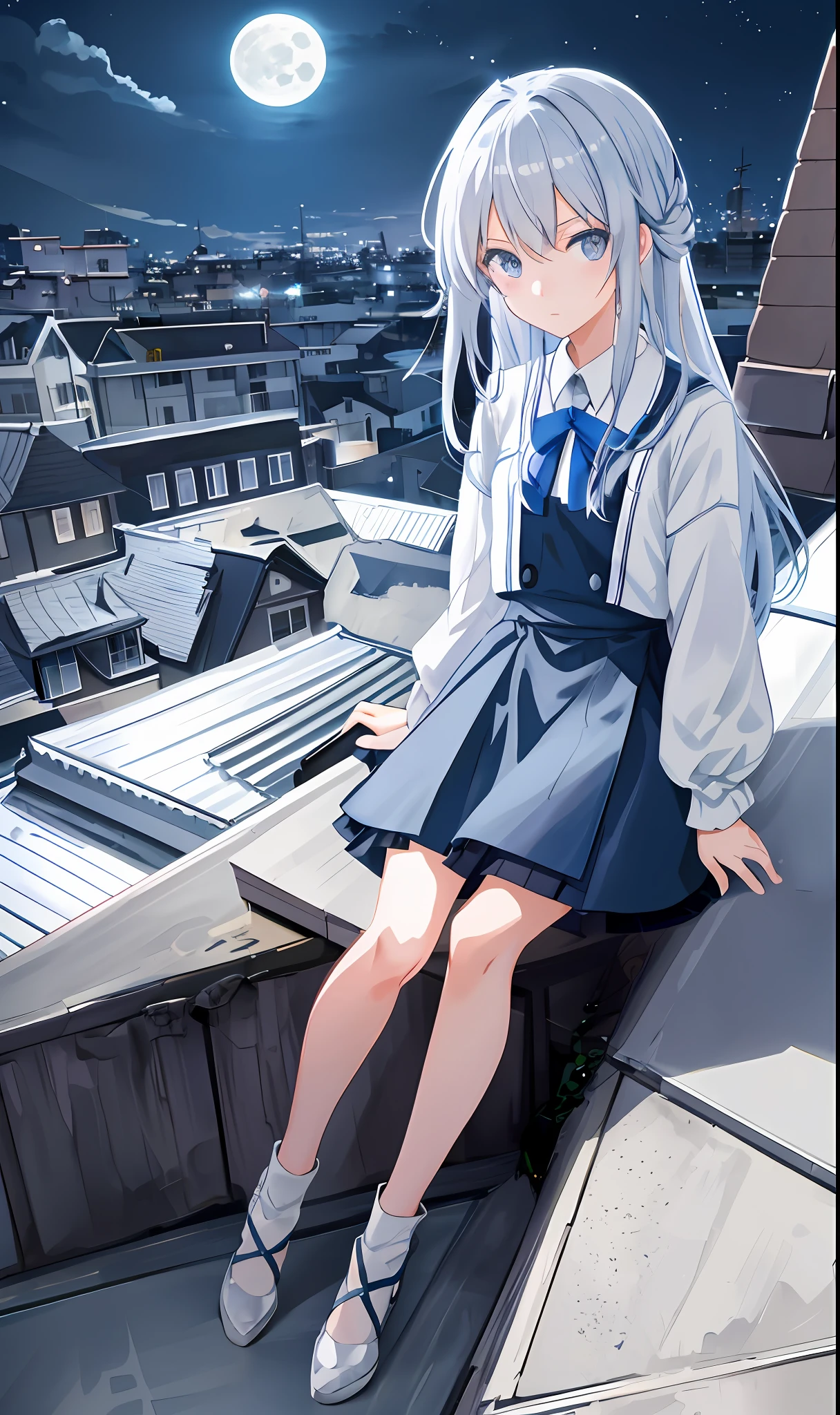 anime girl sitting on a ledge with a full moon in the background, in a rooftop, sits on a rooftop, kantai collection style, beautiful anime high school girl, anime visual of a cute girl, on a rooftop, standing on a rooftop, girl sitting on a rooftop, hiding in the rooftops, young anime girl, standing on rooftop,  in dress