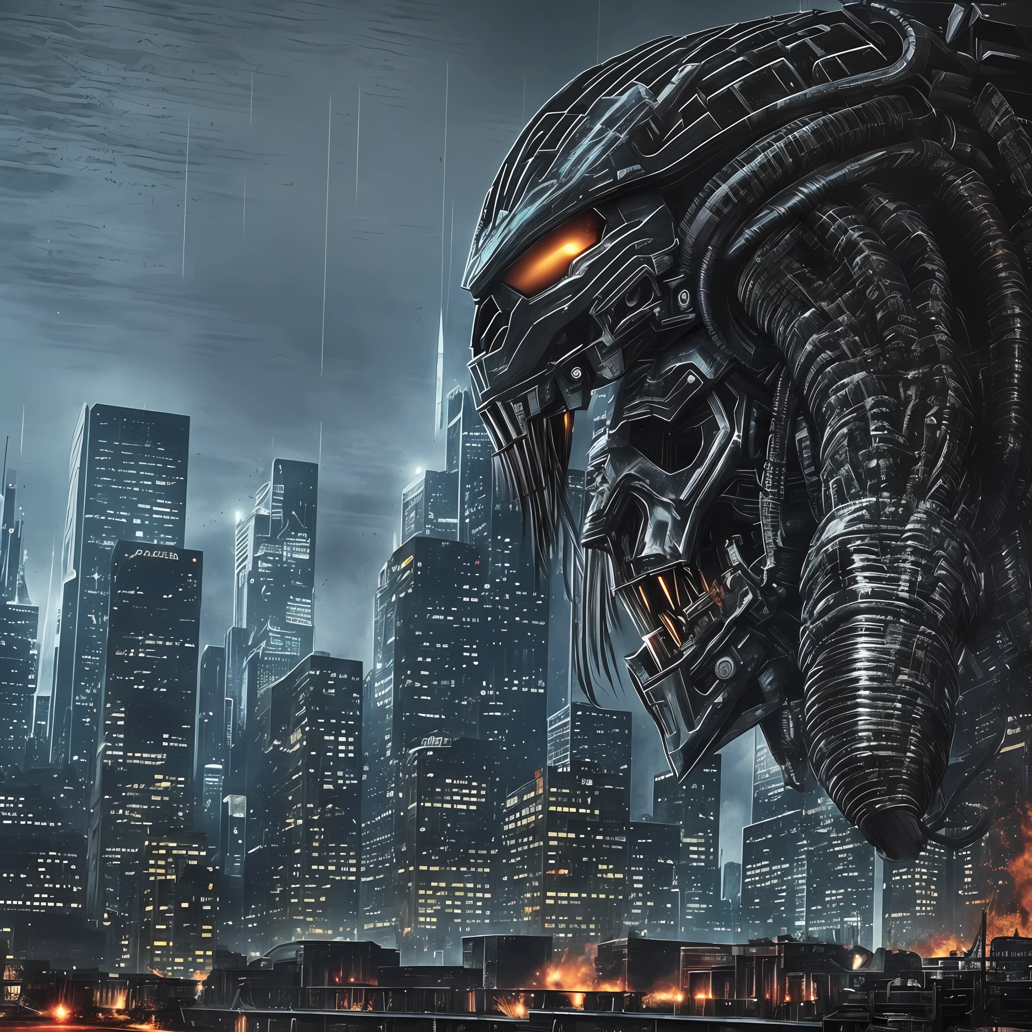 High quality, 4k, film Predator, Predator is preparing to hunt for skulls, black colors of the picture, the metropolis sparkles, the lights are on --auto --s2