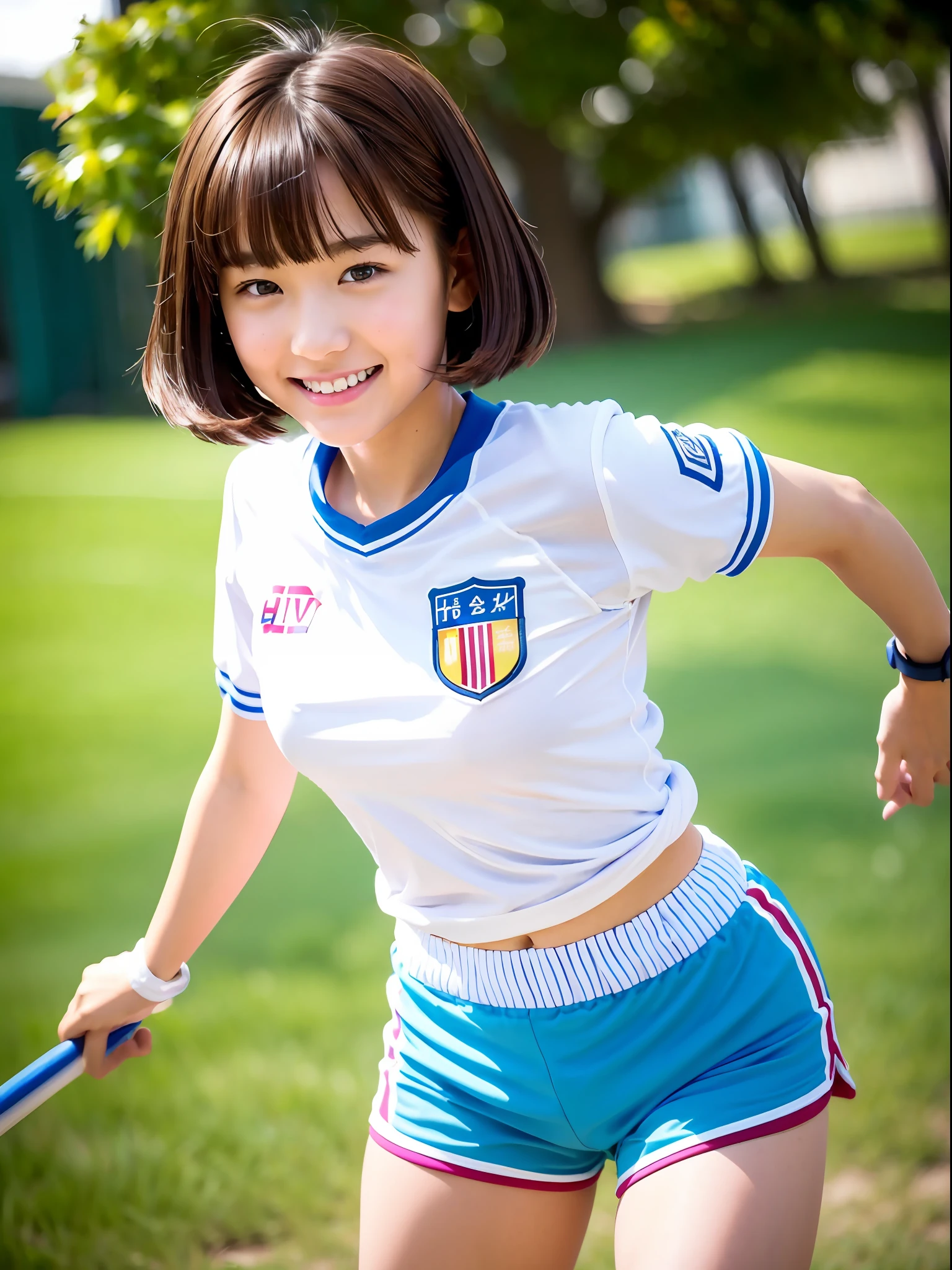 HDTV, 8K, masterpiece, UHD, Japanese female, 1 girl, beautiful girl, junior high school student, short brown hair blowing in the wind, bangs, white gym uniform, smile, happy, brm,