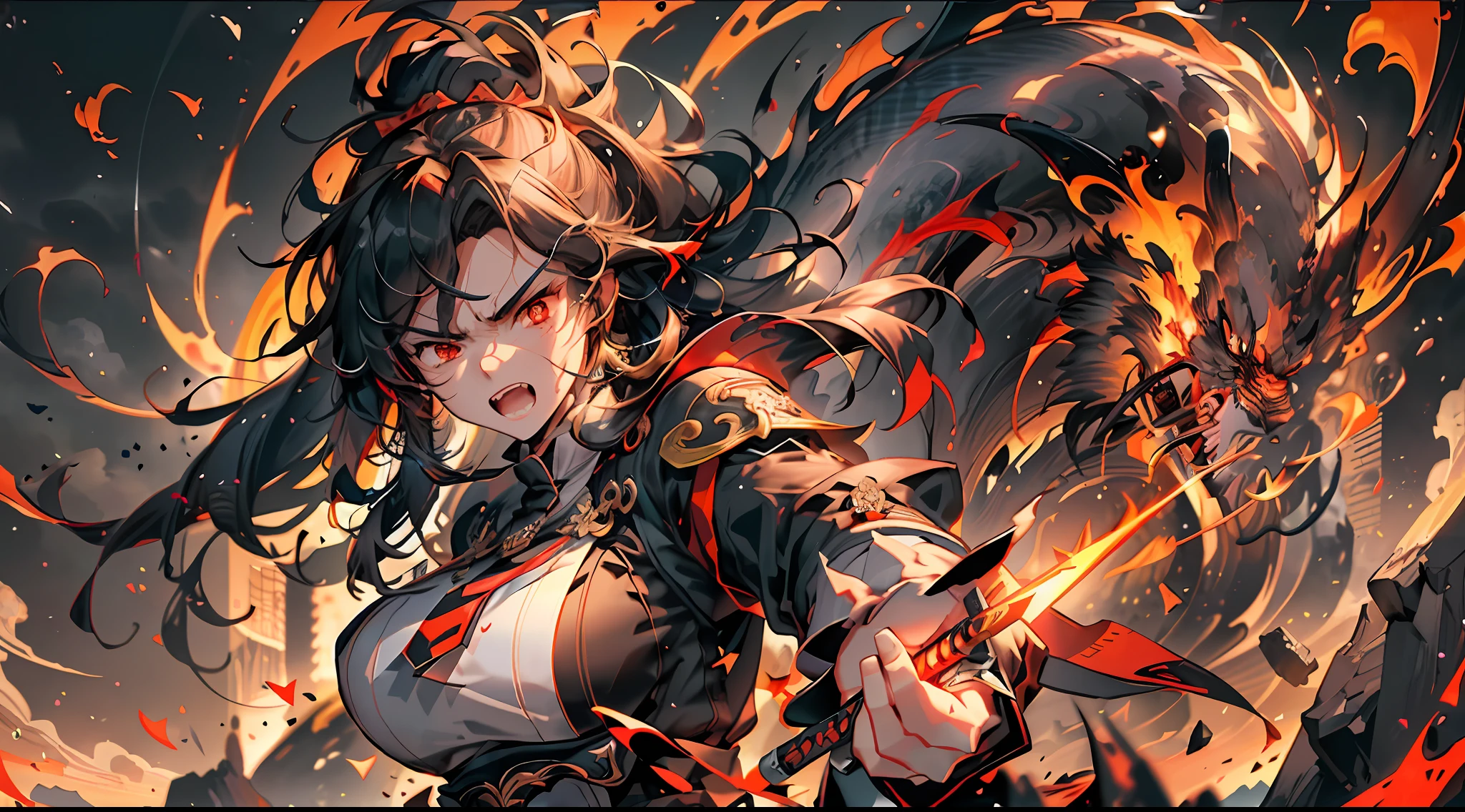 "(Day and night CG art style, extreme hardcore: mixed day and night, hardcore stylization), extremely exquisite details depicted, full of battle intent, frontal shot, exquisite lines, right hand holding the hot sun big knife, flame special effects: x1.2, left hand wielding Xuanbing long sword, frost special effects: x1.5, (normal male hands: x1.2), terrifying angry face, sharp eyes, red left eye, blue right eye, killing picture."