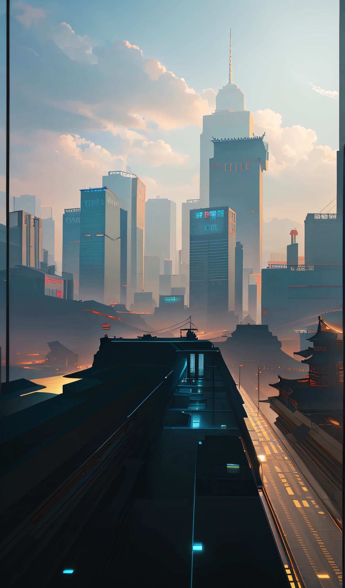 Cyberpunk, Chinese architecture, Chinese temples, spaceships, science fiction, Taoism, Chinese style