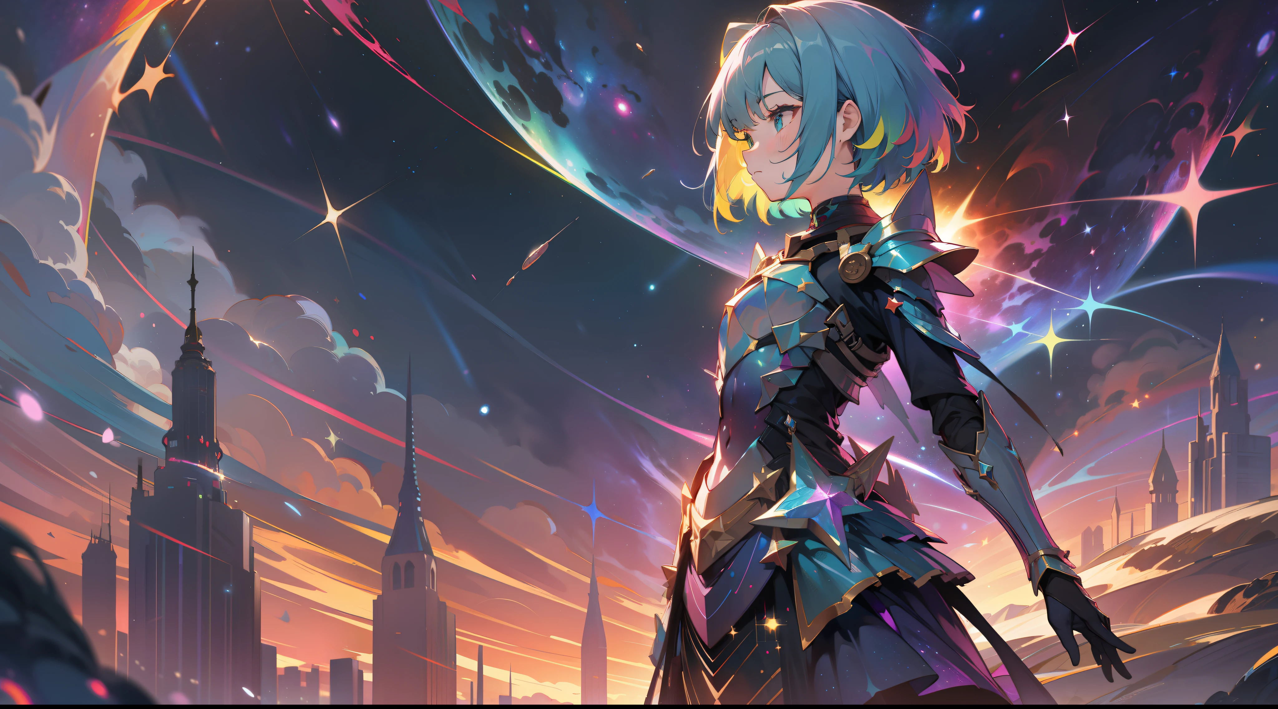 a girl, wildly rainbow colored short hair, dark fantasy, rainbow teal colored dress armor, standing, cosmic nebula background, stars, galaxies