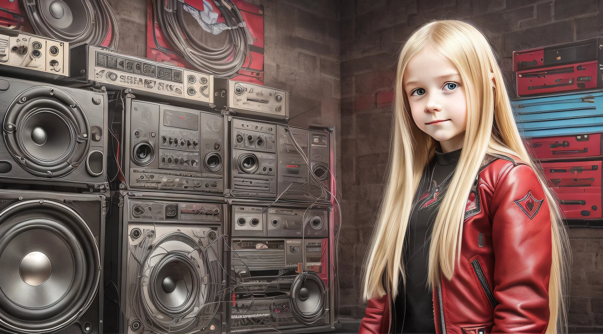 Russian style, children girl, portrait, long blonde hair with red leather jacket and black clothing, background with wall of amplifiers and guitars,. --auto --s2