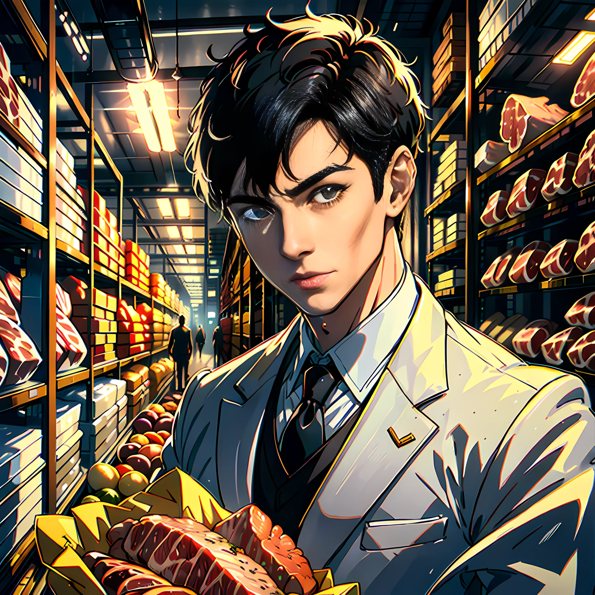 There is a handsome boy with a super detailed face, white suit, short black hair, super detailed characters, in the warehouse, which is piled up with meat, meat, fresh meat, highly real, 4K, chiaroscuro, super high detail