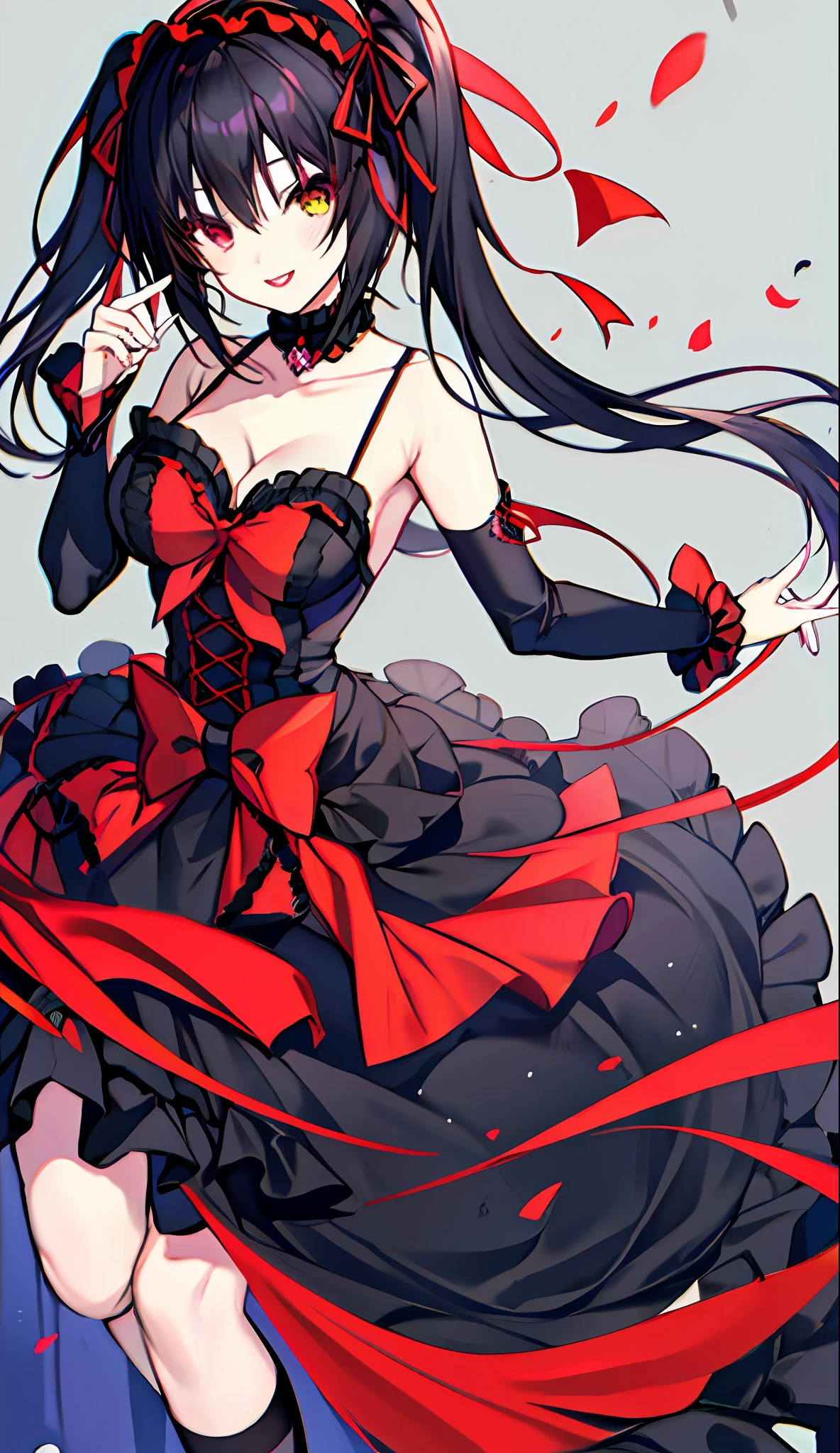 18 year old beautiful girl, masterpiece, top quality, 8K anime, 1 girl, solo, detailed fingers, precise fingers, not unnatural hands, odd eye, black hair twin tails, kurumi tokizaki, cleavage,