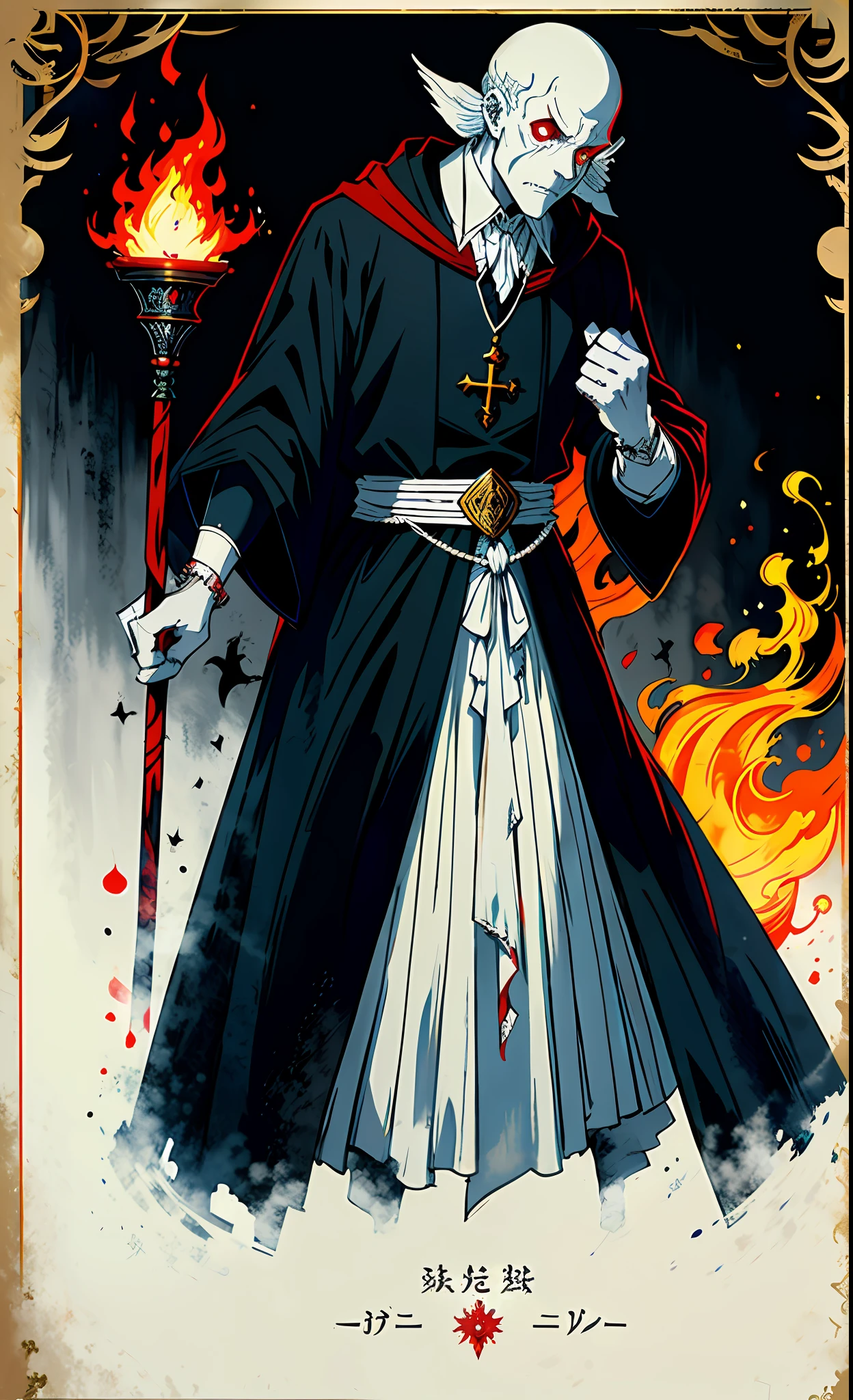 (based on the style of prefecture and horror painting) The judge of the prefecture is dressed in a black vestment, holding a staff of misdemeanor in his right hand, with an abyss behind him, and a book of felony in his left hand, (+fish belly white skin color: 1.2 + red eyes: 1.1 + six fingers: 0.9), expressionless, with a ghost fire beside him, terrifying and mysterious.
