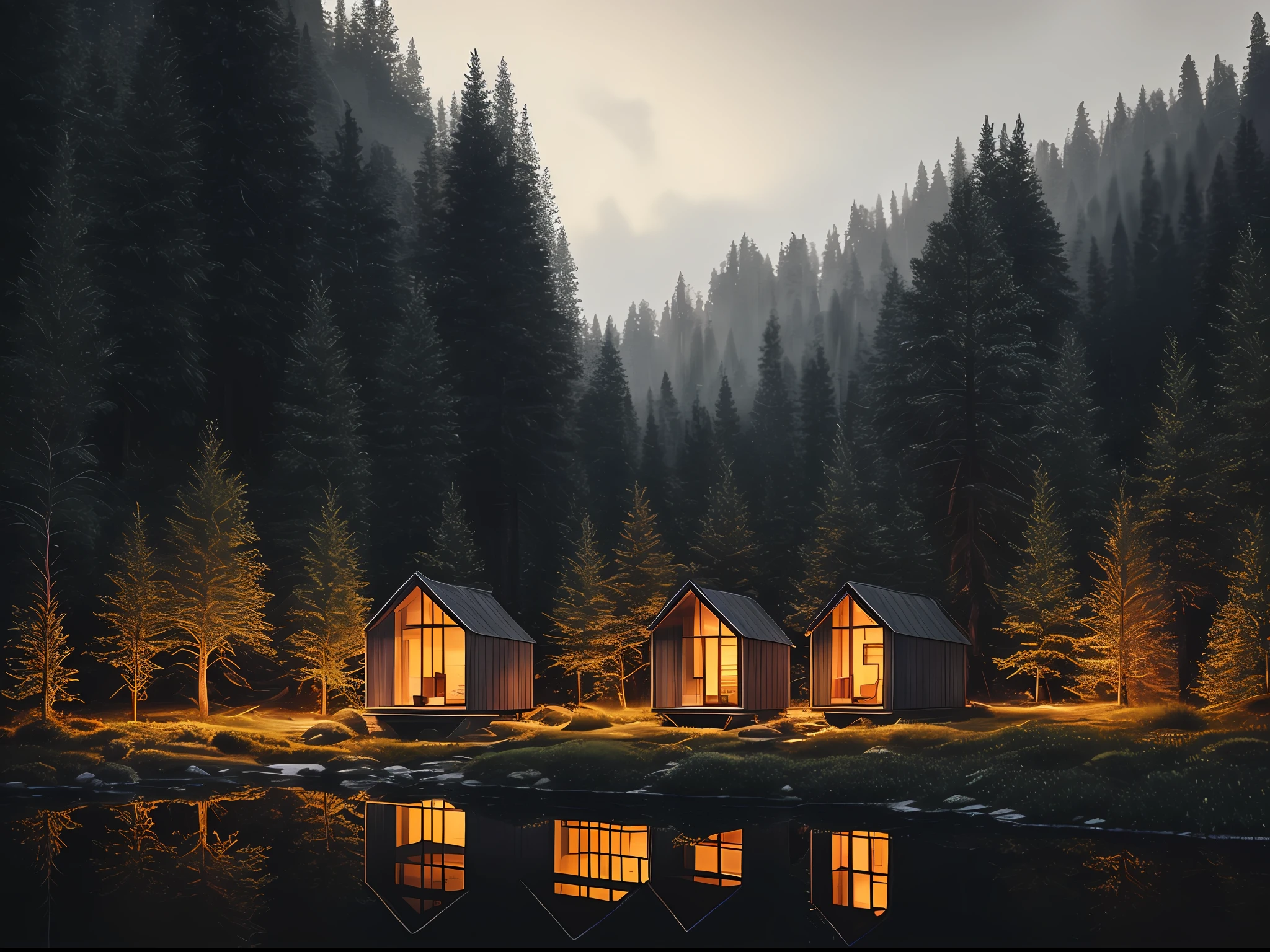 nature, epic building in the center, warm, glow at night, raw, hdr, (tiny little glsass house in the forest, reflections, raytracing:1.3), cinematic, slate grey, dramatic light, architecture