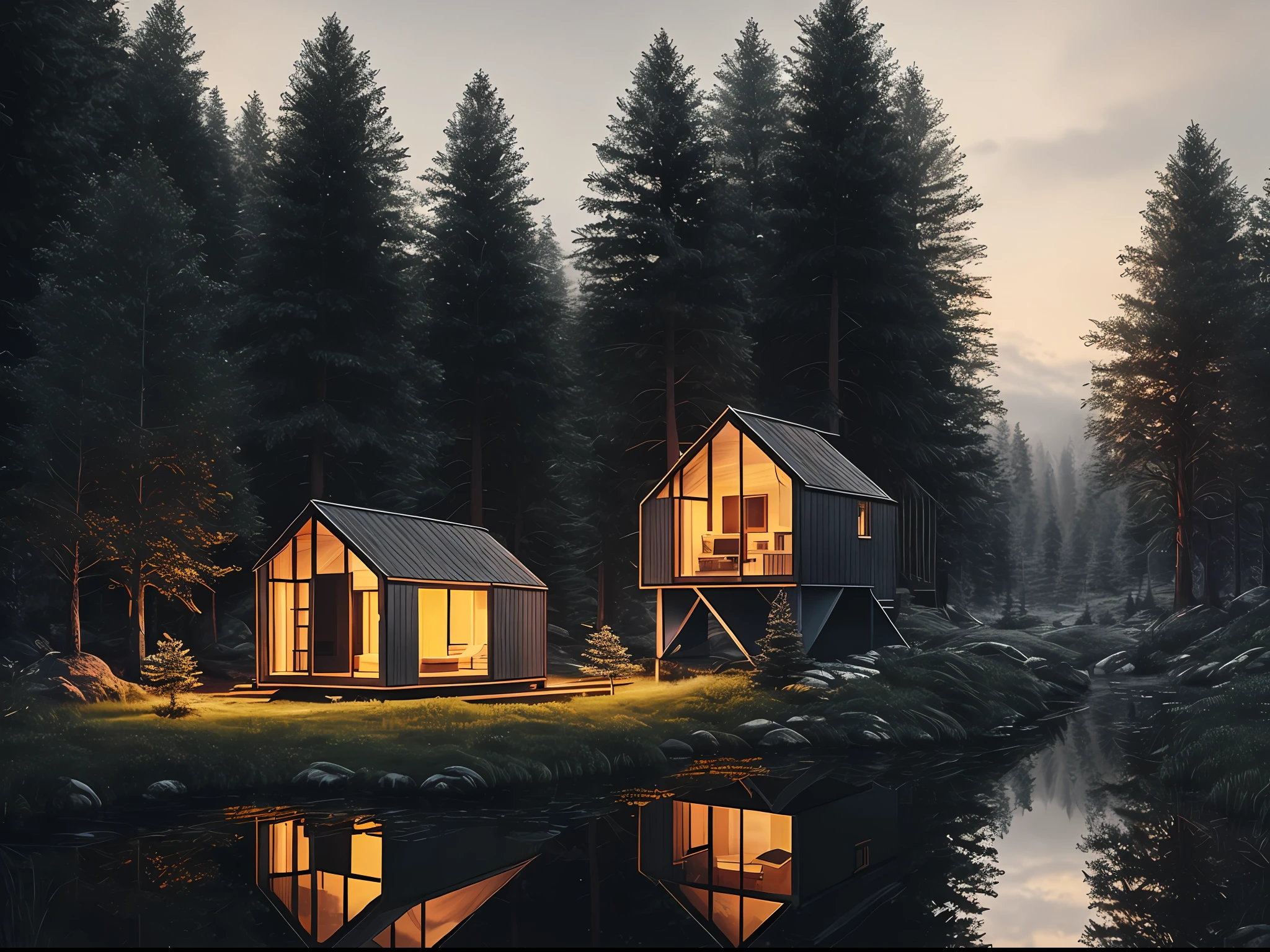 nature, epic building in the center, warm, glow at night, raw, hdr, (tiny little glsass house in the forest, reflections, raytracing:1.3), cinematic, slate grey, dramatic light, architecture
