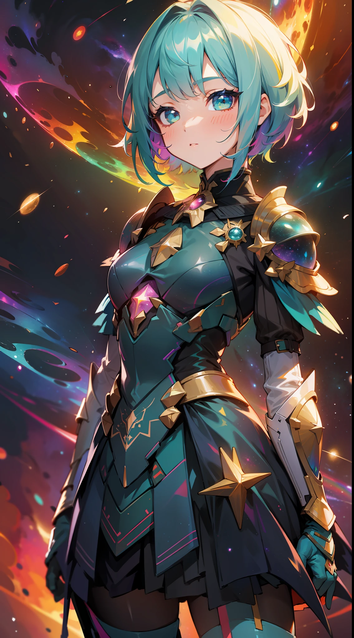 a girl, wildly rainbow colored short hair, dark fantasy, rainbow teal colored dress armor, standing, cosmic nebula background, stars, galaxies