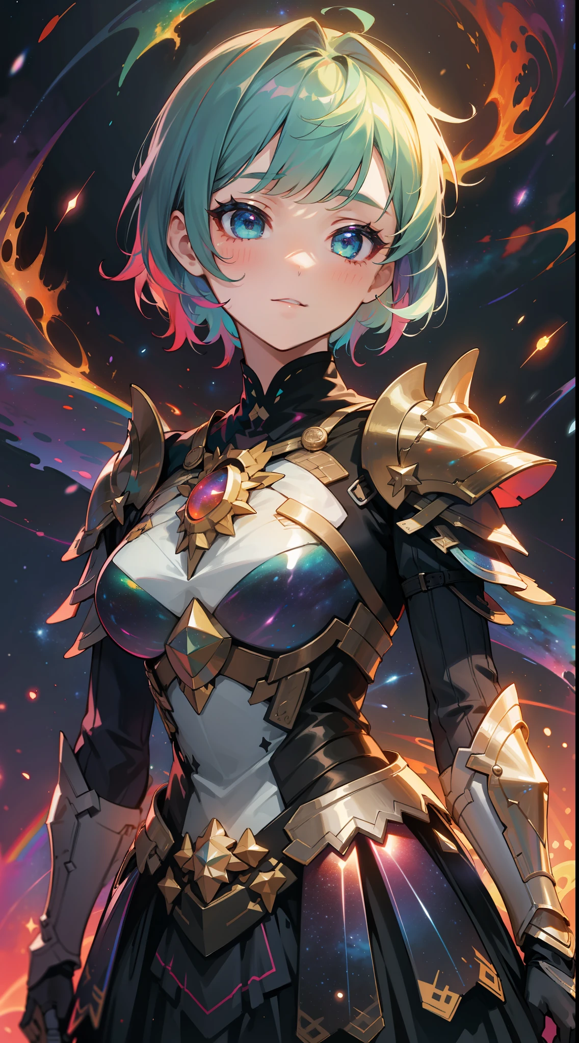 a girl, wildly rainbow colored short hair, dark fantasy, rainbow teal colored dress armor, standing, cosmic nebula background, stars, galaxies