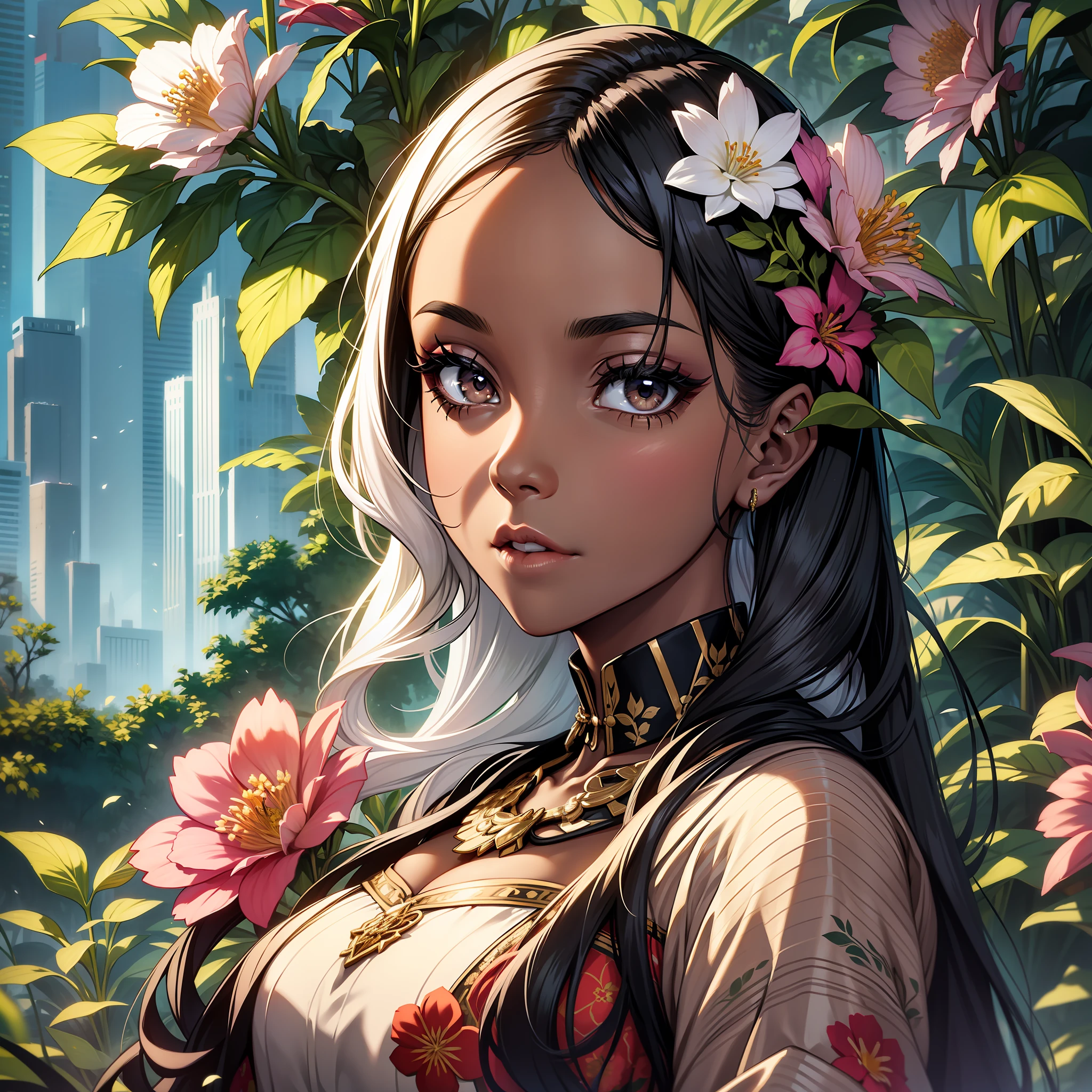 (a young woman:1.2)| (a girl:1.1), dark skin, portrait, makeup, super detailed, flowery clothing, flowery garden, straight look, contoured.