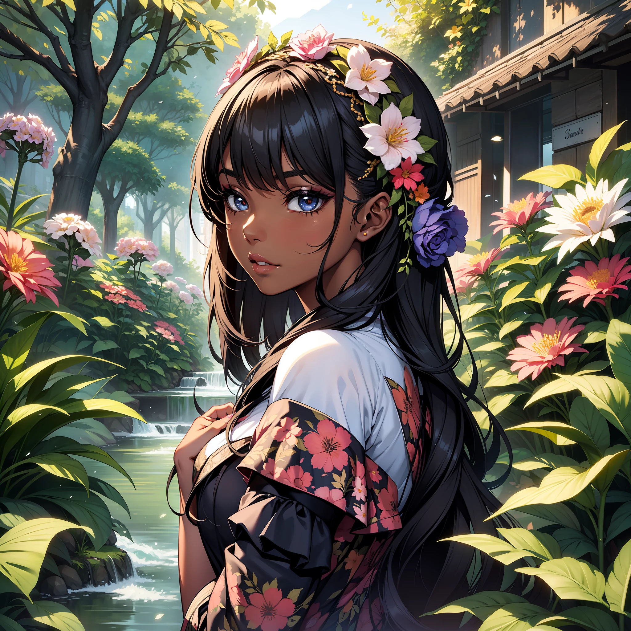 (a young woman:1.2)| (a girl:1.1), dark skin, portrait, makeup, super detailed, flowery clothing, flowery garden, straight look, contoured.