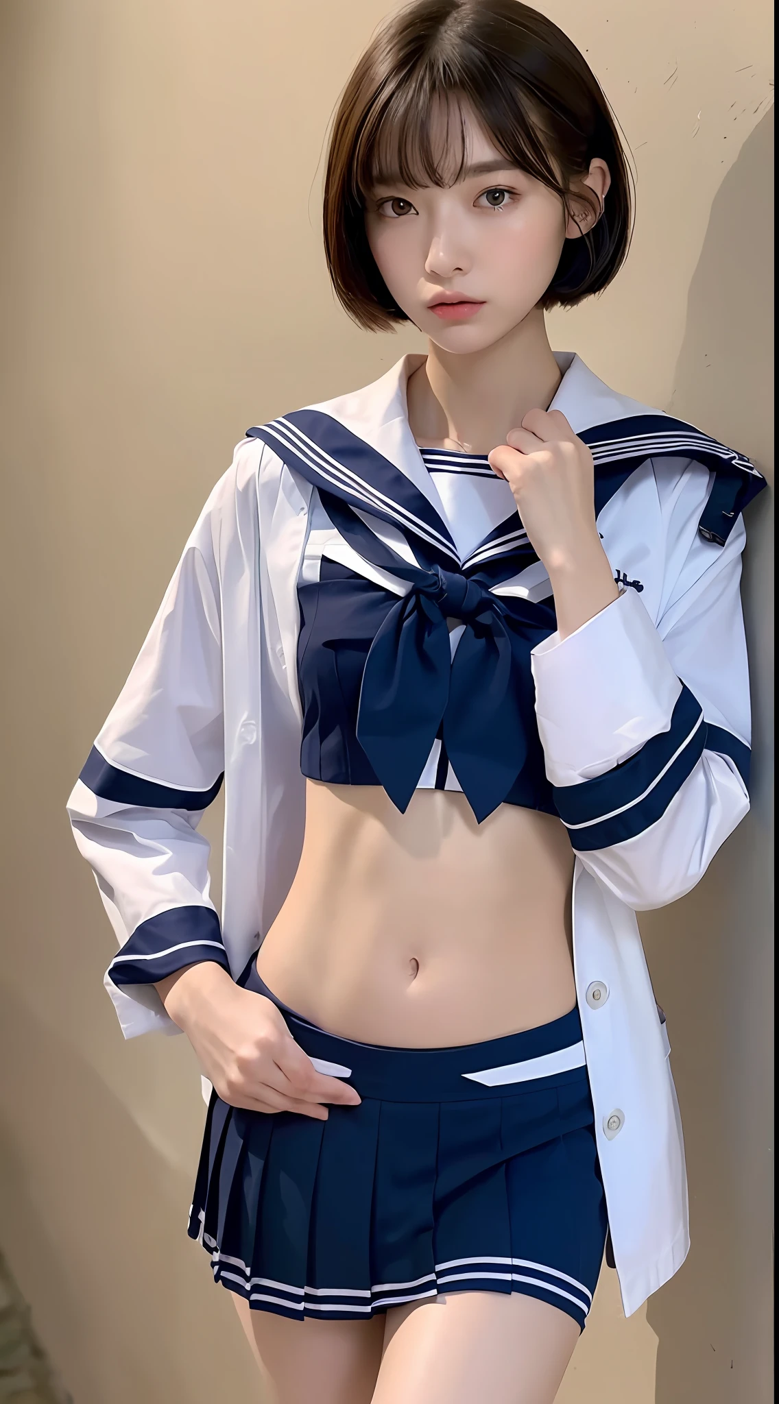 ((Top Quality, 8k, Masterpiece: 1.3)), 1 girl, Beauty with slender abs: 1.3, (Medium Short Hair, Big: 1.2), Sailor Suit: 1.1, Ultra Detailed Face, Detailed Eyes, Double Eyelids, Black Pleated Skirt, Full Body, Navel, Beautiful Legs, Thighs