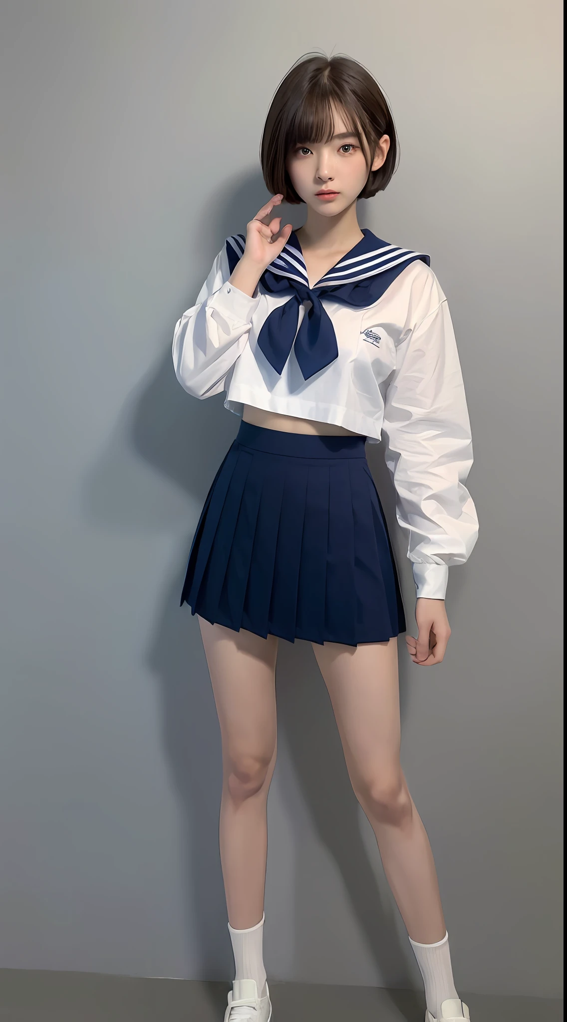 ((Top Quality, 8k, Masterpiece: 1.3)), 1 girl, Beauty with slender abs: 1.3, (Medium Short Hair, Big: 1.2), Sailor Suit: 1.1, Ultra Detailed Face, Detailed Eyes, Double Eyelids, Black Pleated Skirt, Full Body, Navel, Beautiful Legs, Thighs