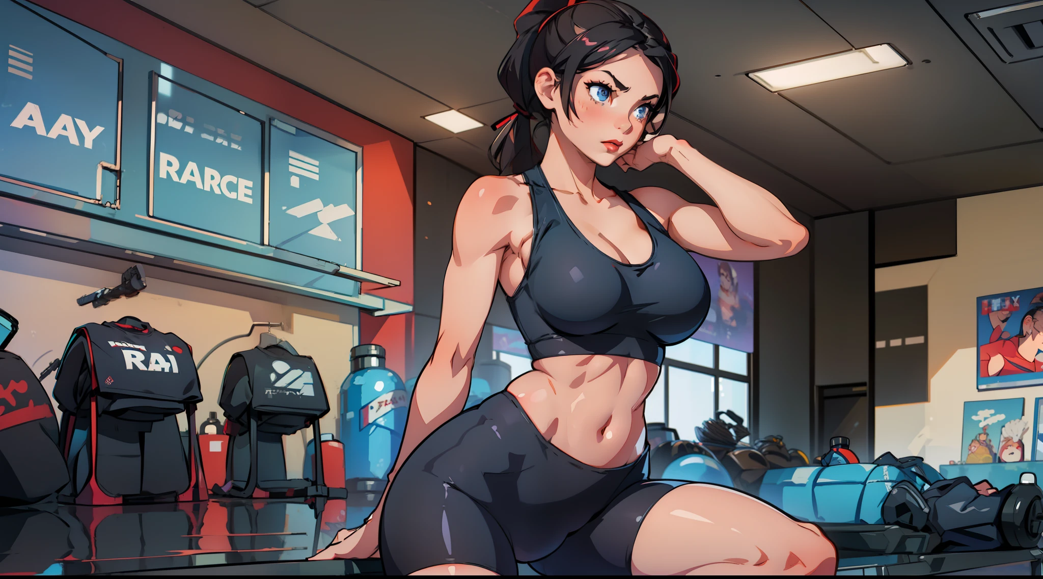 realistic, masterpiece, ray tracing, ponytail, bikini, tight clothing, gym clothes, yoga pants, sleeveless, huge breasts, cleavage, red lipstick, black hair, blue eyes, wide hips, thick thighs, muscles, abs, action pose, pretty face