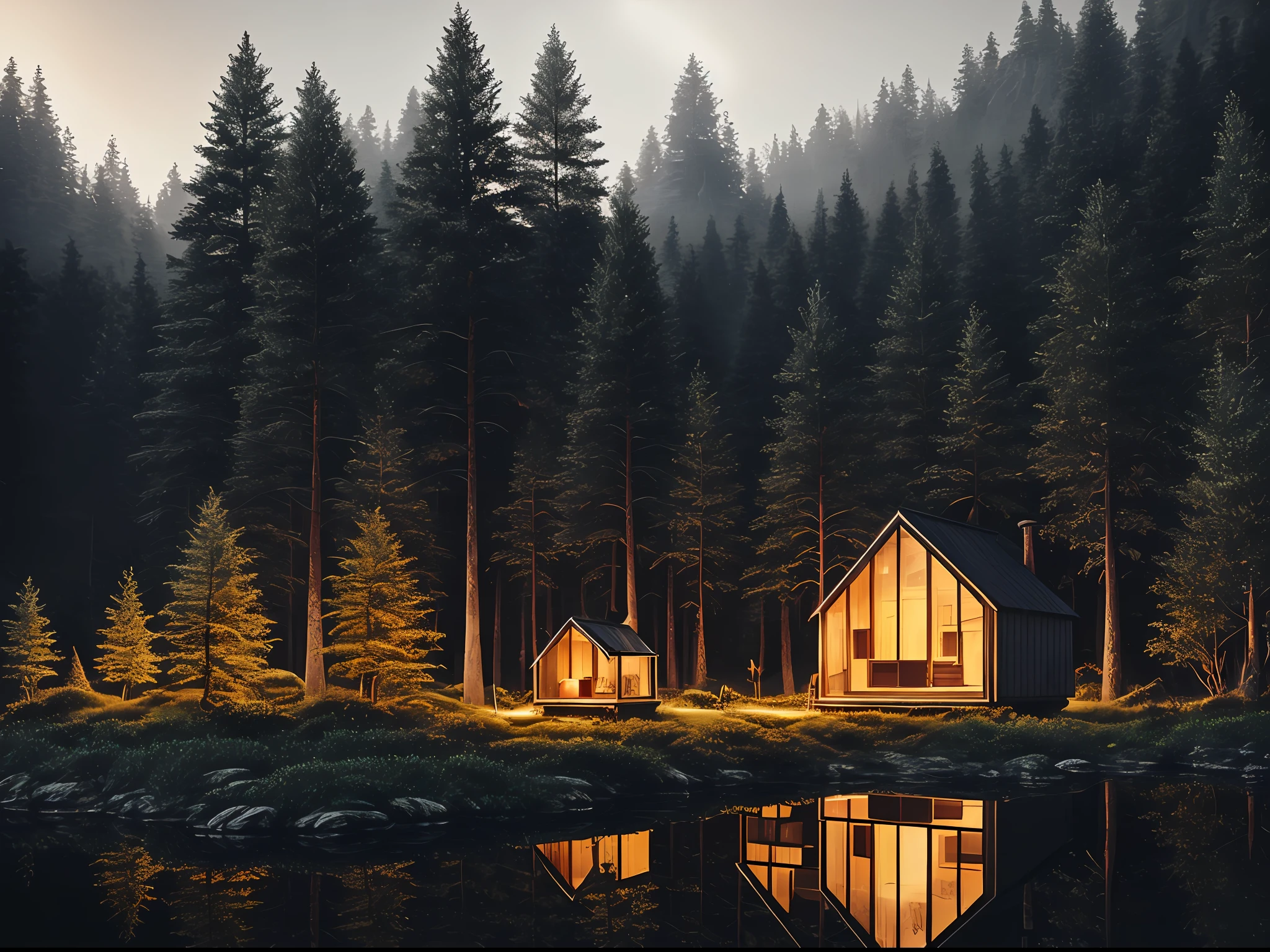 nature, epic building in the center, warm, glow at night, raw, hdr, (tiny little glsass house in the forest, reflections, raytracing:1.3), cinematic, slate grey, dramatic light, architecture