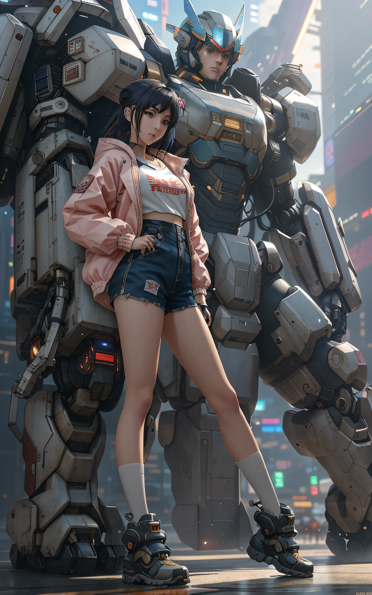 anime girl in short shorts and jacket standing next to giant robot, artwork in the style of guweiz, cyberpunk anime girl mech, trending on cgstation, guweiz, by Russell Dongjun Lu, digital cyberpunk anime art, ross tran 8 k, guweiz on artstation pixiv, girl in mecha cyber armor