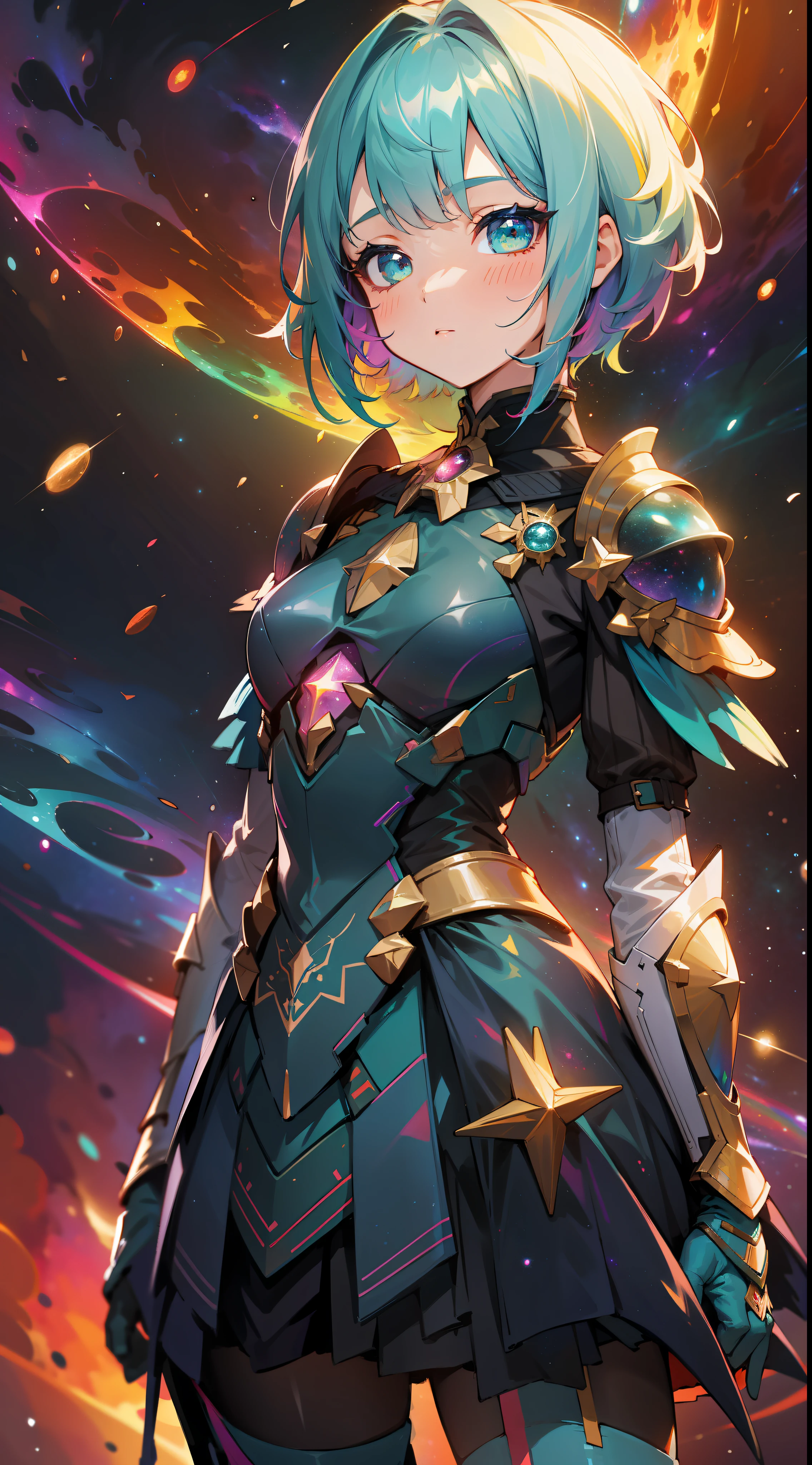 a girl, wildly rainbow colored short hair, dark fantasy, rainbow teal colored dress armor, standing, cosmic nebula background, stars, galaxies