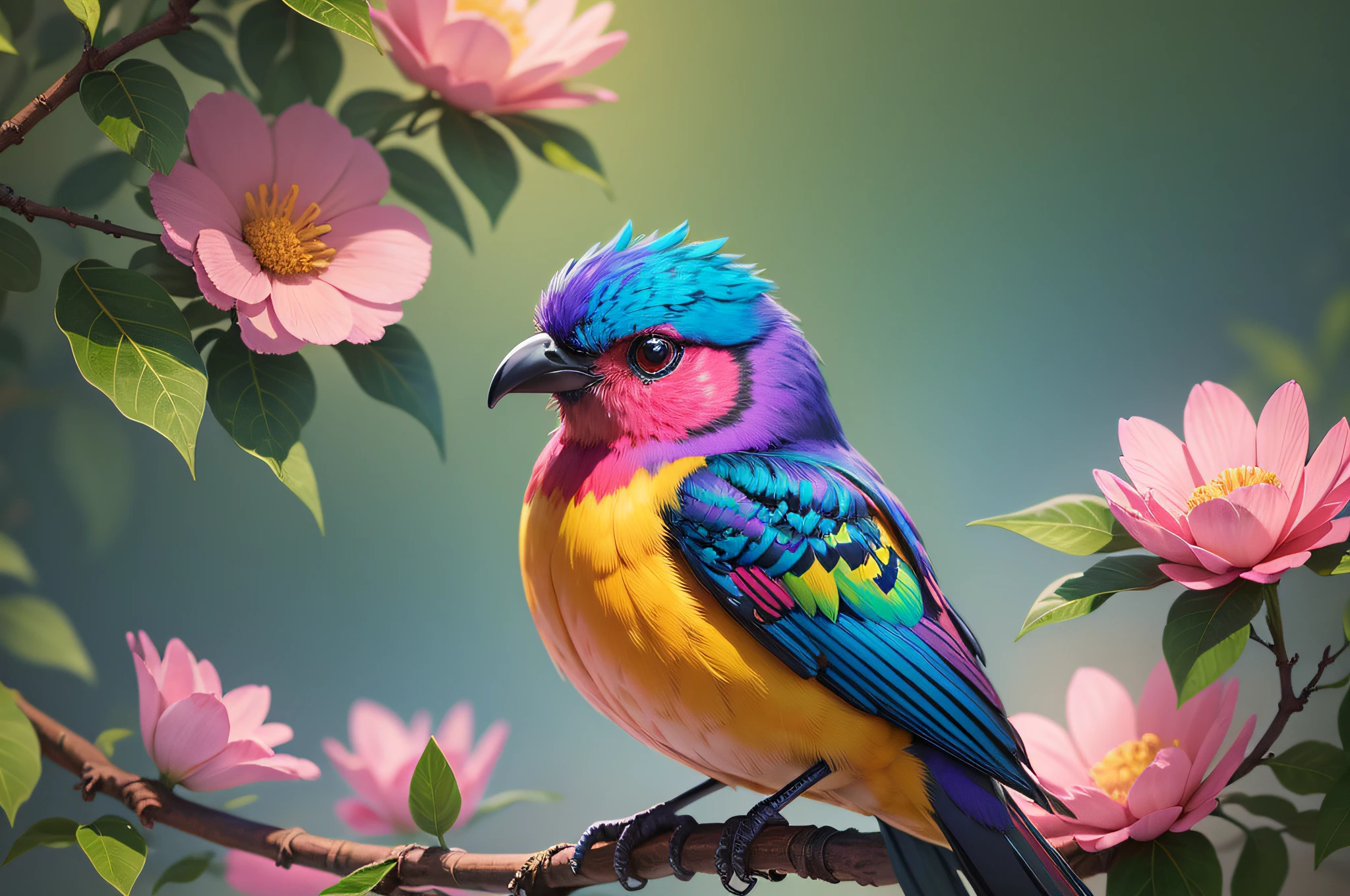 a colorful bird sitting on top of a flower covered tree, colorful hd picure, beautiful colorful, vibrant and rich colors, beautiful nature, details and vivid colors, beautiful and colorful, colorful bird with a long, beautiful vibrant colors, vibrant realistic colors, beautiful art uhd 4 k, beautiful digital artwork, strong and vibrant colors, colorful picture, rich vibrant colors --auto --s2