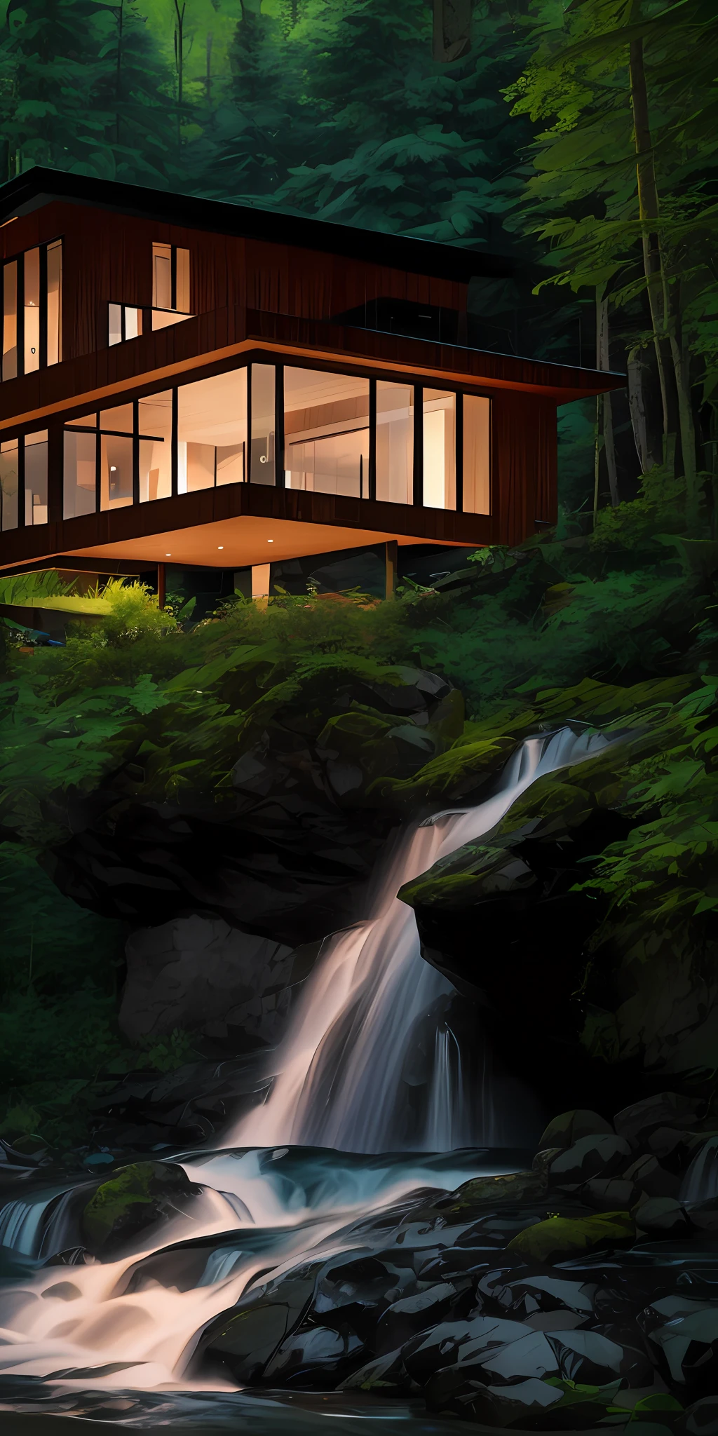 A beautiful modern and very modern house made of dark wood in the middle of a Swedish green forest with waterfalls and rivers nearby. Photographic style. High detail. Very realistic. 8k, full details. --ar 16:9 --uplight --s 750 --v 5
