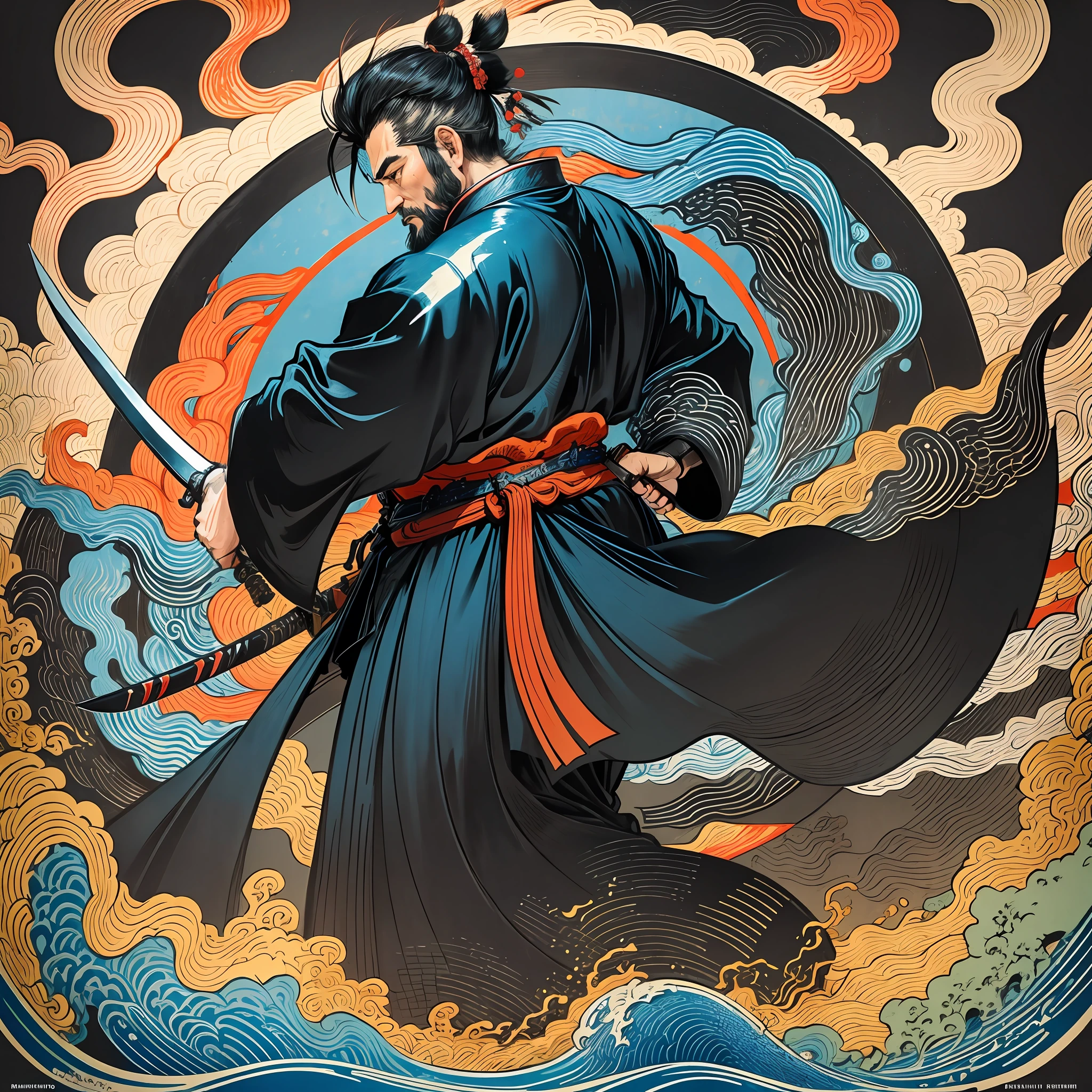 It is a full-body painting with natural colors with Katsushika Hokusai-style line drawings. The swordsman Miyamoto Musashi has a big body like a strongman. Samurai of Japan. He has a dignified yet manly expression of determination, short black hair, and a short, trimmed beard. His upper body is covered in a black kimono and his hakama is knee-long. In his right hand he holds a Japan sword with a longer sword part. In the highest quality, in the high-resolution ukiyo-e style lightning and swirling flames of the masterpiece. Miyamoto Musashi stands with his face and body facing forward, his back straight.