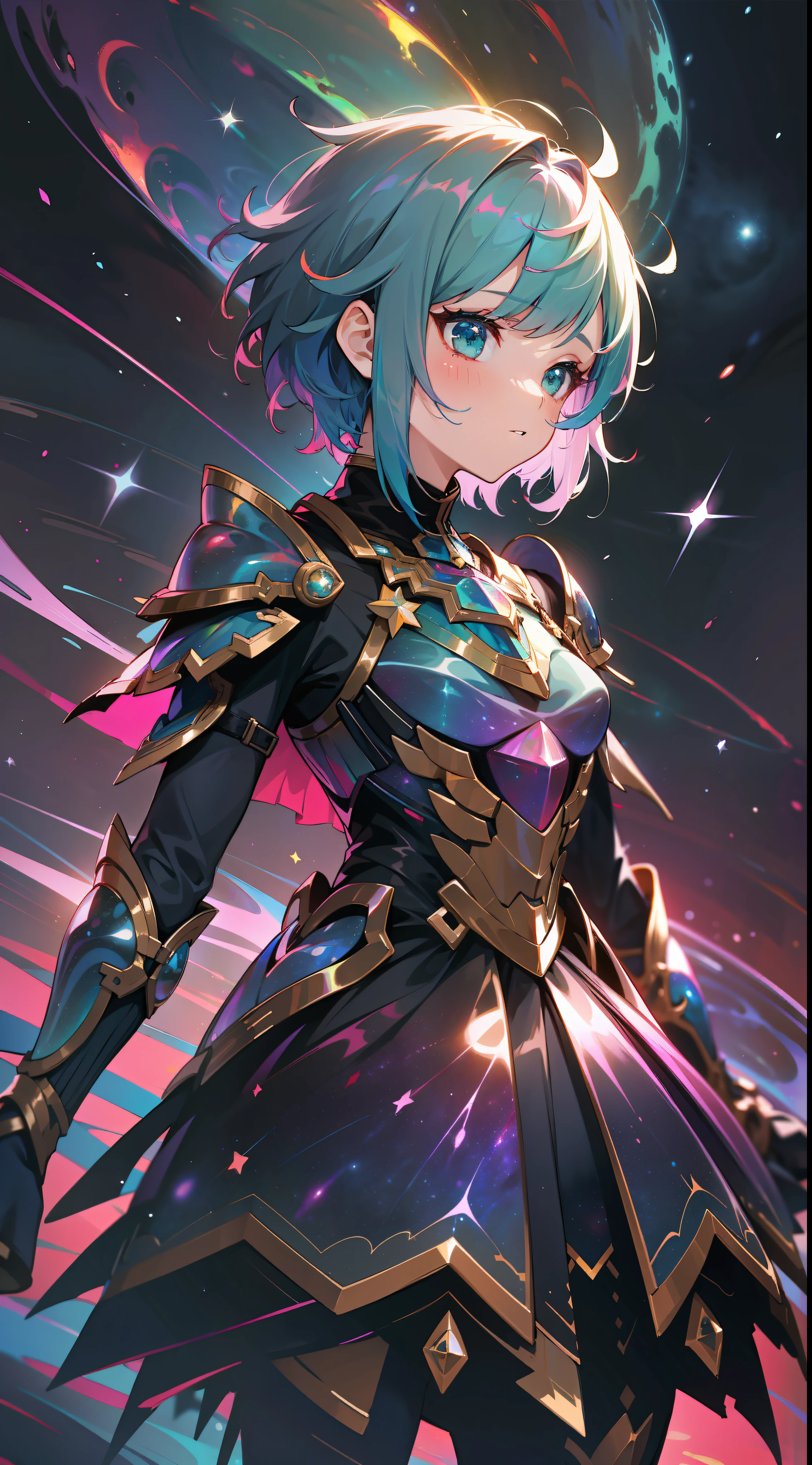 a girl, wildly rainbow colored short hair, dark fantasy, rainbow teal colored dress armor, standing, cosmic nebula background, stars, galaxies