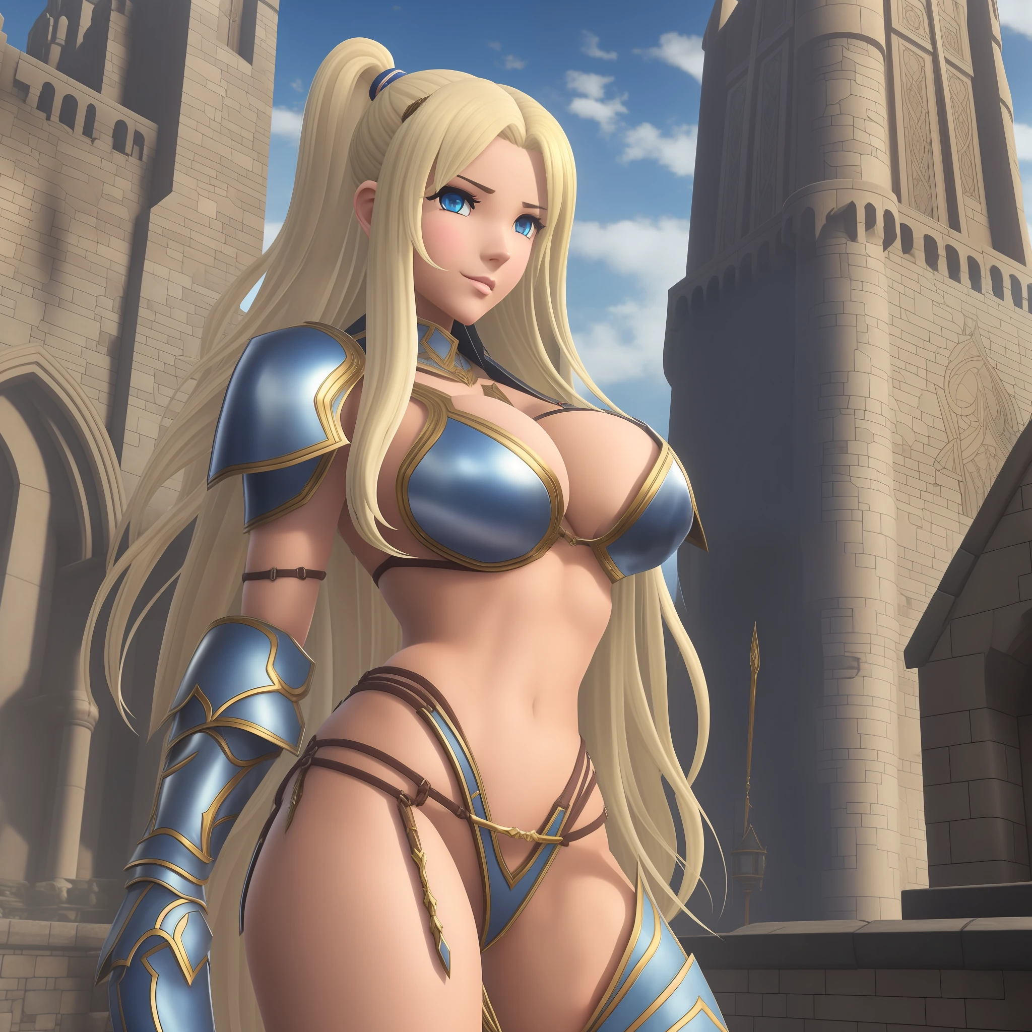 NSFW, " sister" Elise from FIre Emblem Fates, Blonde hair in twin-drills, Titan-sized and busty GIANTESS, looming over the castle, woman of GODDESS-tier proportions, Towering over everything at 1000 feet tall, child-like personality but with a mature sexy body, Massive breasts, ideal body: Extreme hourglass figure, wearing ONLY Bikini armor,