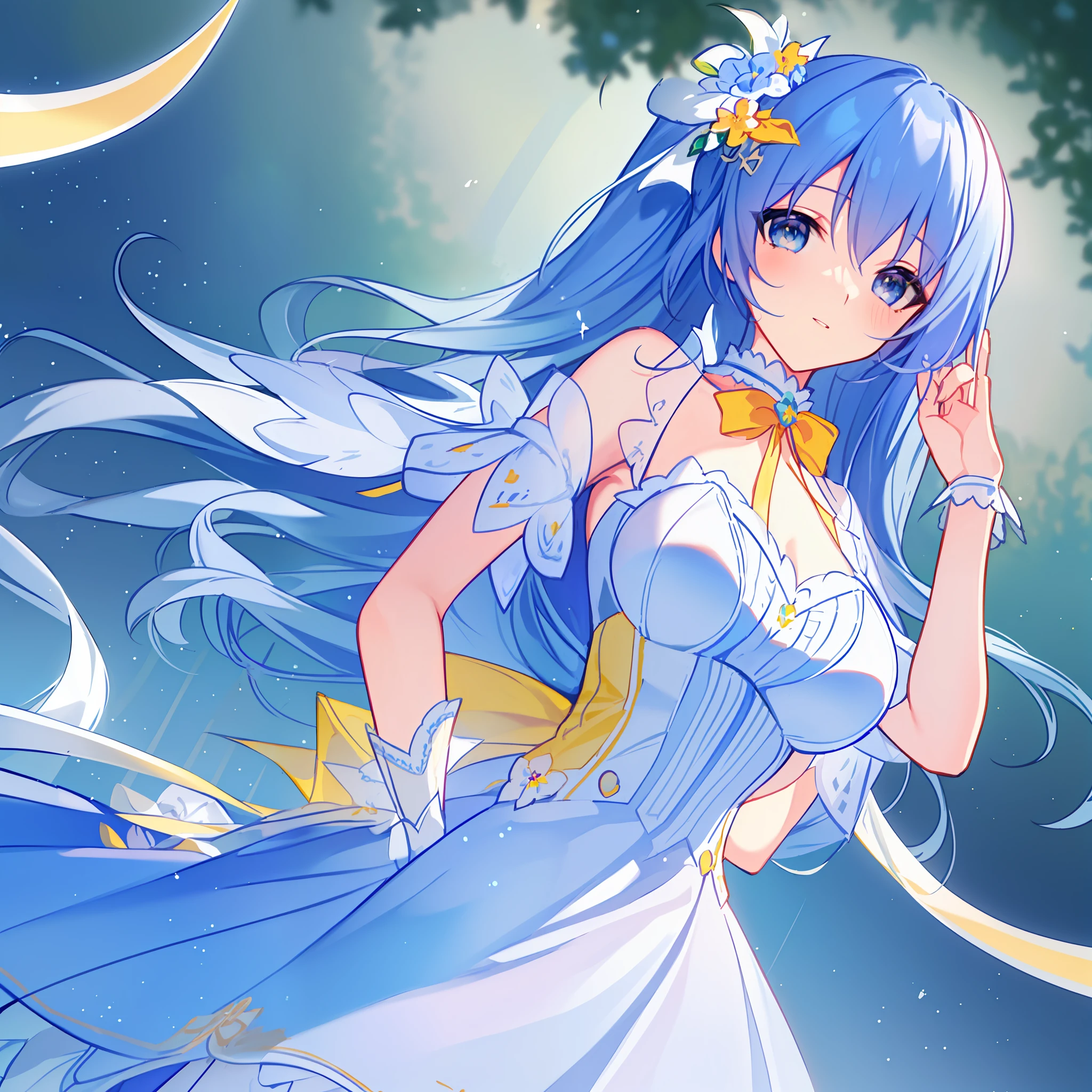 Facing right, ((((Masterpiece)))), (((Best Quality)))), ((((Very detailed))), Detailed fingers, Illustration, 1 girl, Solo, Sky blue long hair, violet colored eyes, Flower hair ornament, White feather hair ornament, Yellow moon hair ornament, Wide open chest, Large breasts, Large white ribbon at the waist, Yellow idle dress, Choker with yellow ribbon with white flowers, White gloves, White tights , MIKU, Royal Elegant Pose