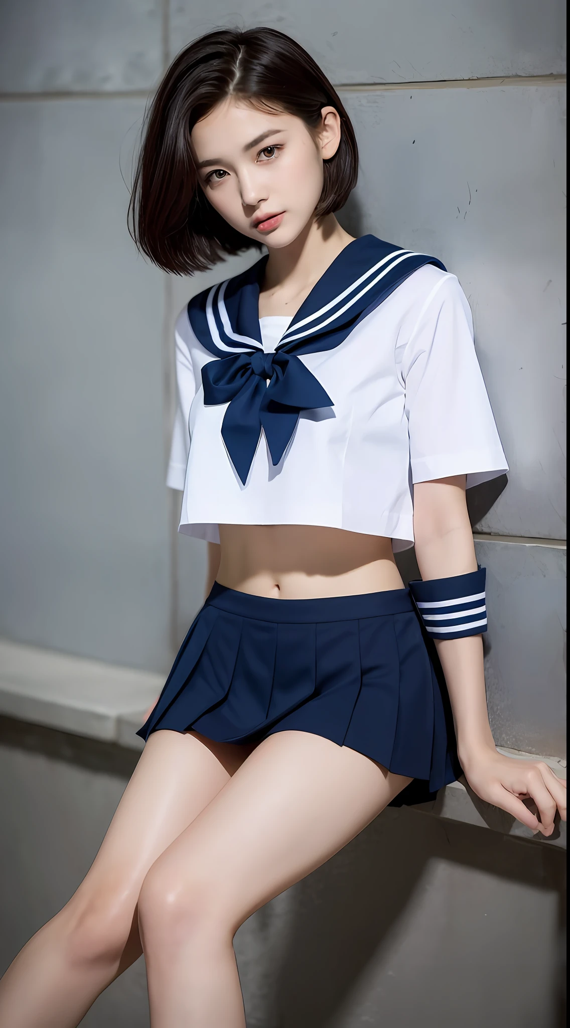 ((Top Quality, 8k, Masterpiece: 1.3)), 1 girl, Beauty with slender abs: 1.3, (Medium Short Hair, Big: 1.2), Sailor Suit: 1.1, Ultra Detailed Face, Detailed Eyes, Double Eyelids, Black Pleated Skirt, Full Body, Navel, Beautiful Legs, Thighs