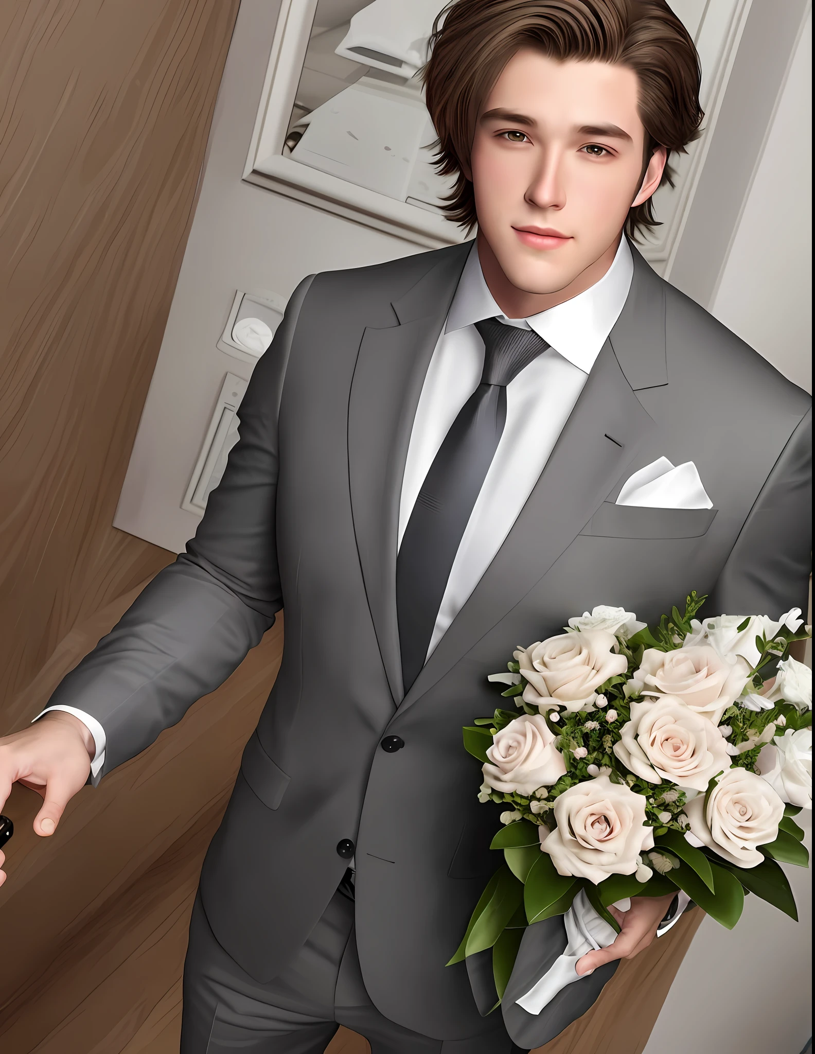 Handsome logan.  23 years, well-proportioned body. Long light brown hair. Brawny. Dressed in an elegant gray Armani suit and with a bouquet of orchids in one hand
