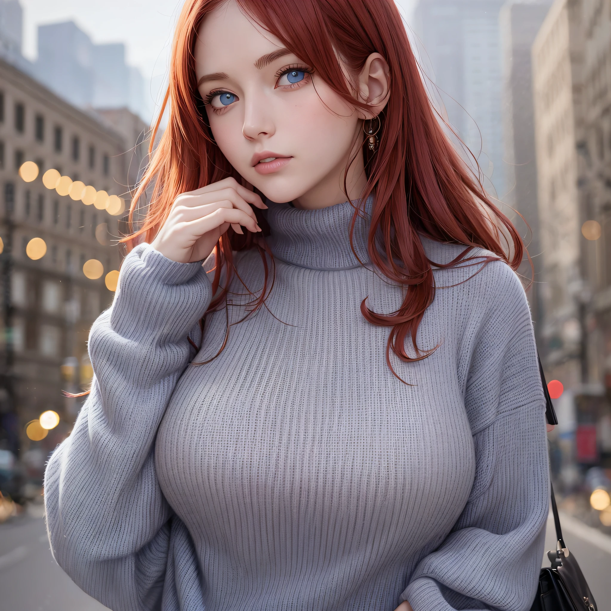 Woman, big breasts, redhead, blue eyes, transparent sweater, small chin --auto --s2