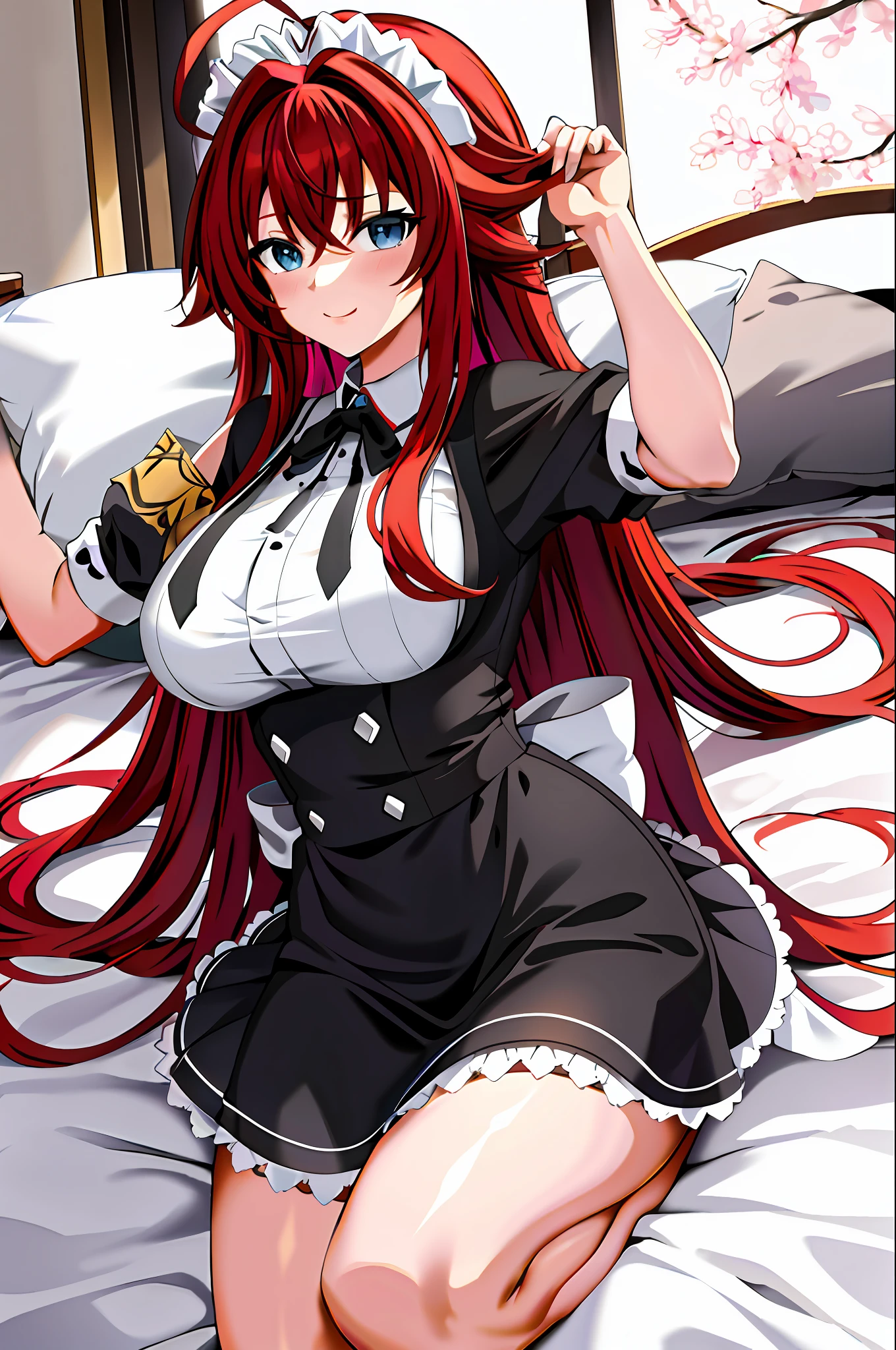 masterpiece, best quality, highres, best quality, highres, rias gremory, 1girl, long hair, maid dress, red hair, ahoge, blue eyes, large breasts, very long hair, breasts, huge ahoge, indoor, bed, pillow, window, (maid), ((maid costume)), meidofuku, lying on bed, spread arm, lying,