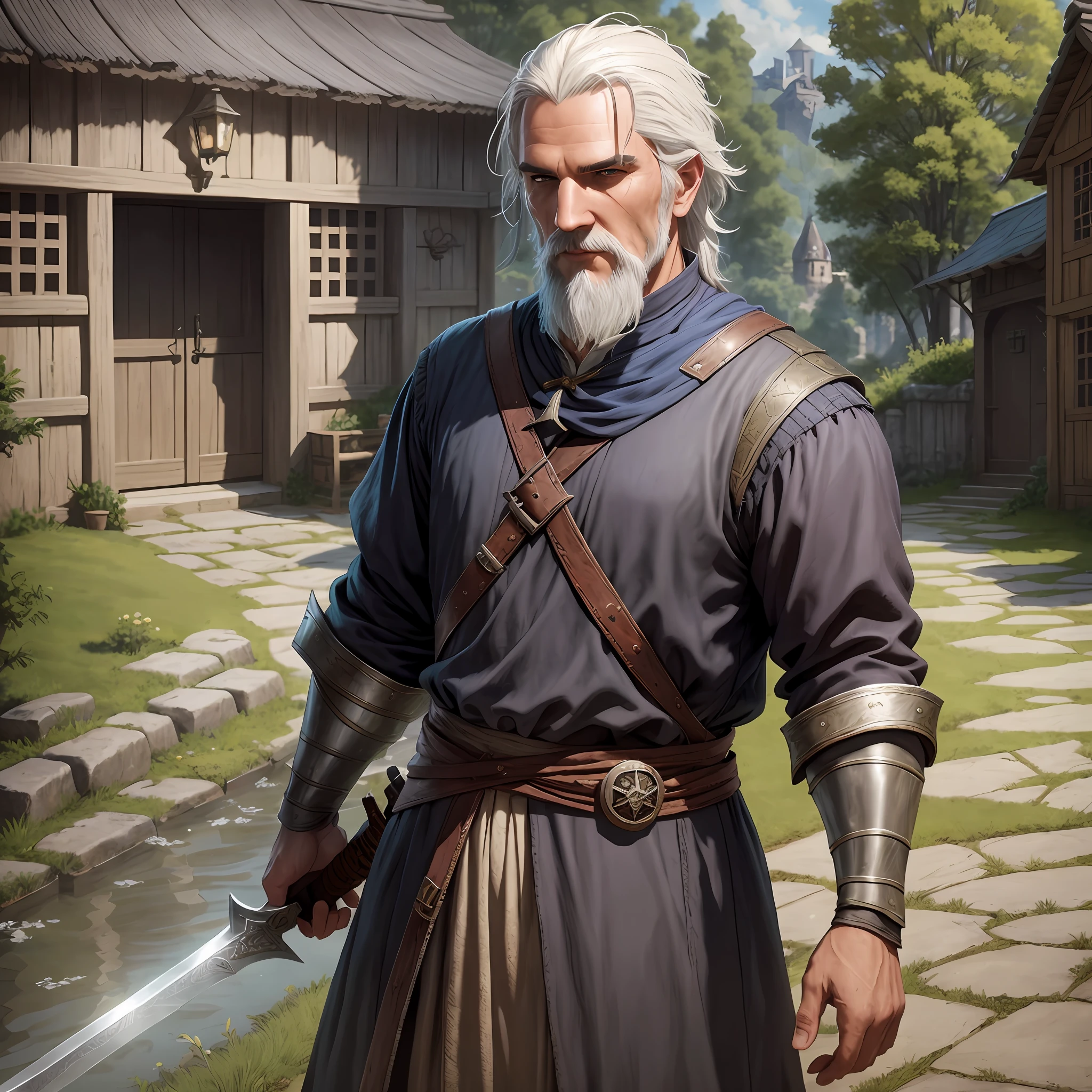 there is a man with a sword standing in a courtyard, picture of a male cleric, rpg portrait concept art, old male archmage, rpg character art, epic rpg portrait, portrait of geralt of rivia, detailed character portrait, rpg_portrait, d & d character portrait, rpg book portrait, portrait of a dnd character, epic exquisite character art