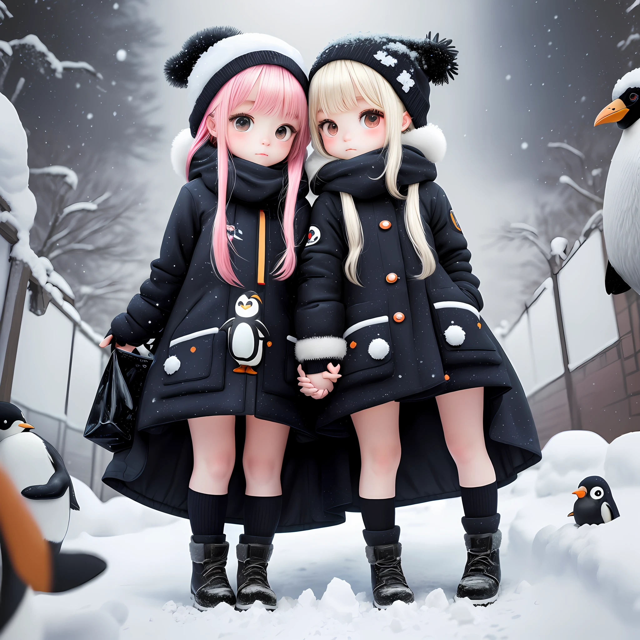 twins, chibi, penguins, lots of snow, snowflakes, high resolution, (masterpiece: 1.4), super detailed