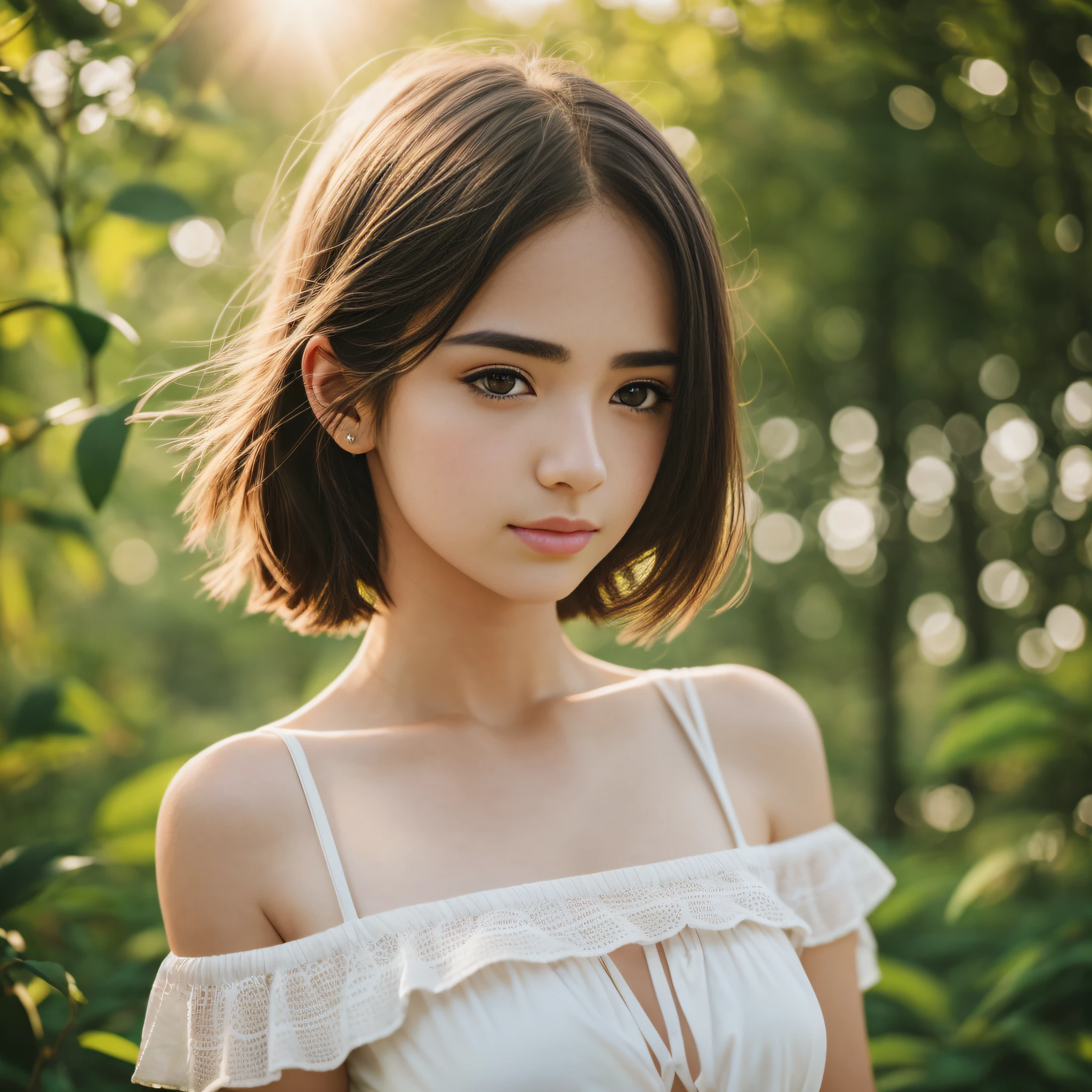woman,solo,small breasts,close portrait photo,bare shoulders,(white blouse:0.6),A strand of hair on his chest,black hair,
realistic,photographic,high resolution,high detail RAW color photo,wallpaper,
(white balance:0.8),depth field,golden hour,sunny day,Side backlight,dslr, soft lighting,high quality, film grain,85mm f1.4,
grainy textures,boken,iso400,lens flare,vignette,lens spot,
pale skin, (high detailed skin:1.2),8k uhd, --auto --s2