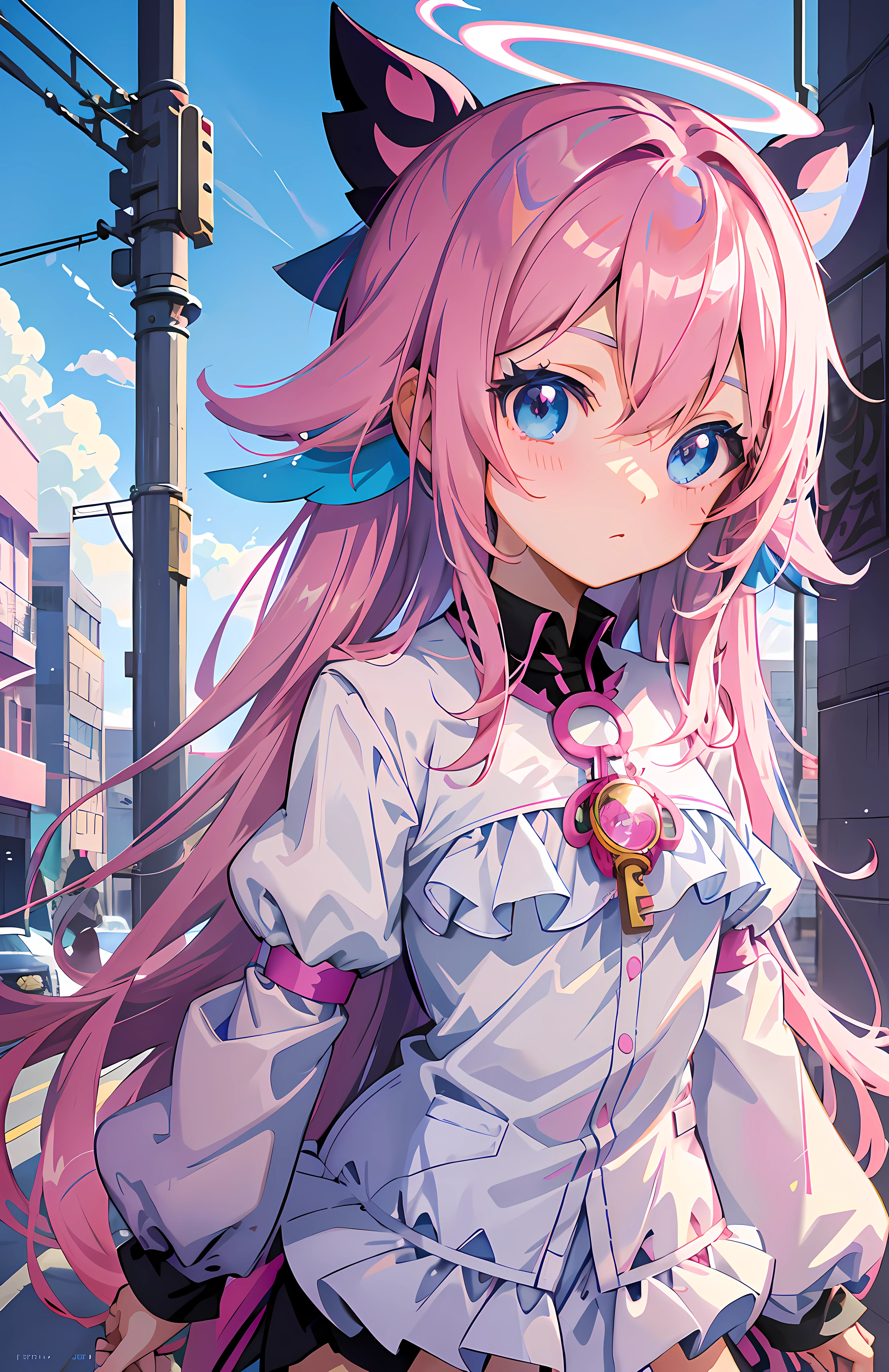 anime girl with pink hair and blue eyes walking down the street, anime visual of a cute girl, pink twintail hair and cyan eyes, anime visual of a young woman, best anime 4k konachan wallpaper, high detailed official artwork, official artwork, alchemist girl, official anime artwork, light novel cover art, detailed key anime art, anime girl named lucy