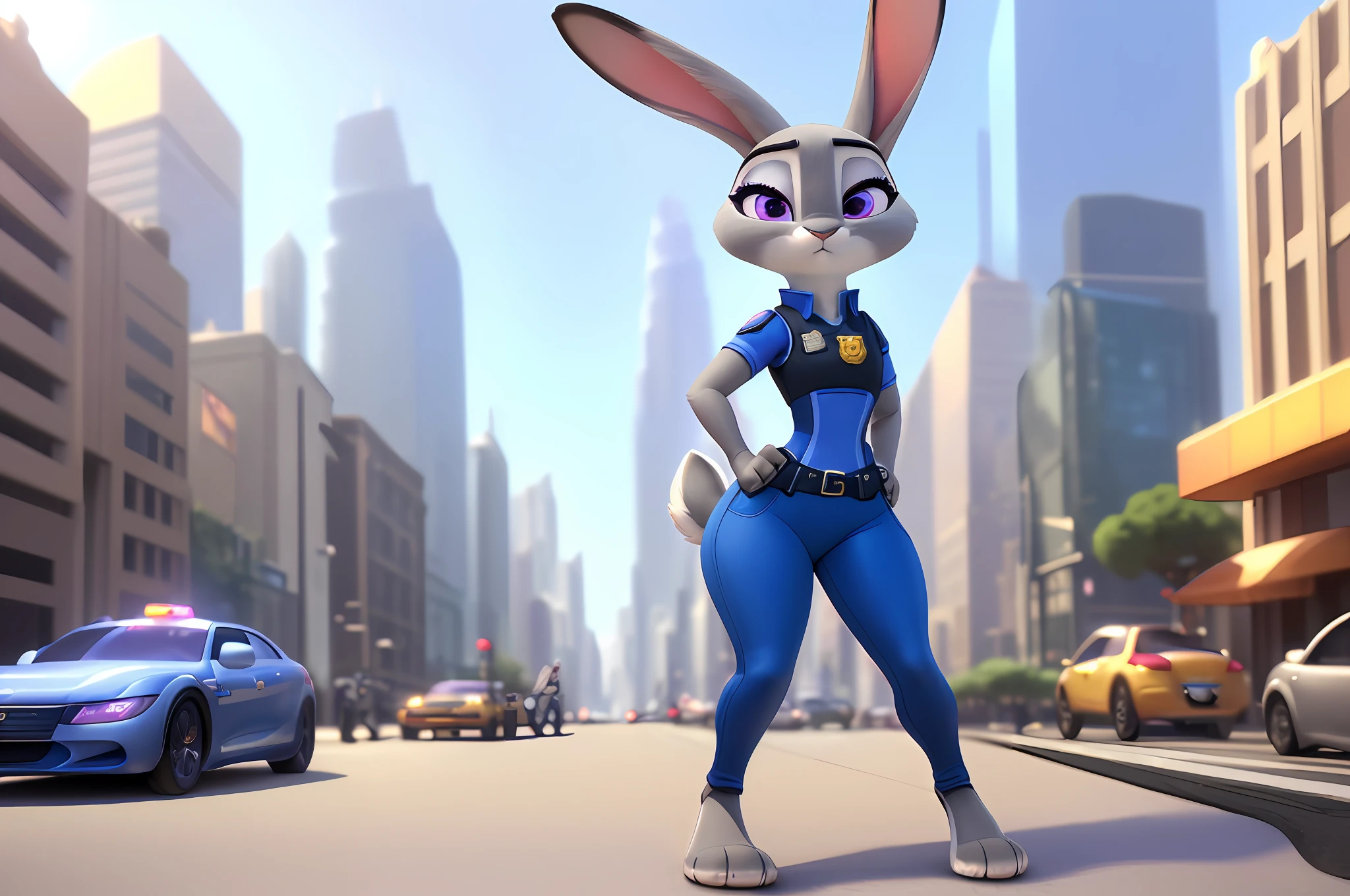 [JudyHopps], [Uploaded to e621.net; (Pixelsketcher), (wamudraws), (siroc)], ((masterpiece)), ((solo portrait)), ((1girl)), ((full body)), ((raw photo)), ((furry; anthro)), ((detailed fur)), ((raytracing)), ((detailed shading)), ((beautiful 3D art)), {anthro rabbit; (grey fur, black nose, multicolored rabbit ears), cute purple eyes, frown, (police uniform; ZPD police badge, small boobs, curvaceous hips), (beautiful feet; 4 toes)}, ((walking on sidewalk; looking to left) attractive pose), [background; (zootopia city; skyscrapers, sunny, street, cars)]