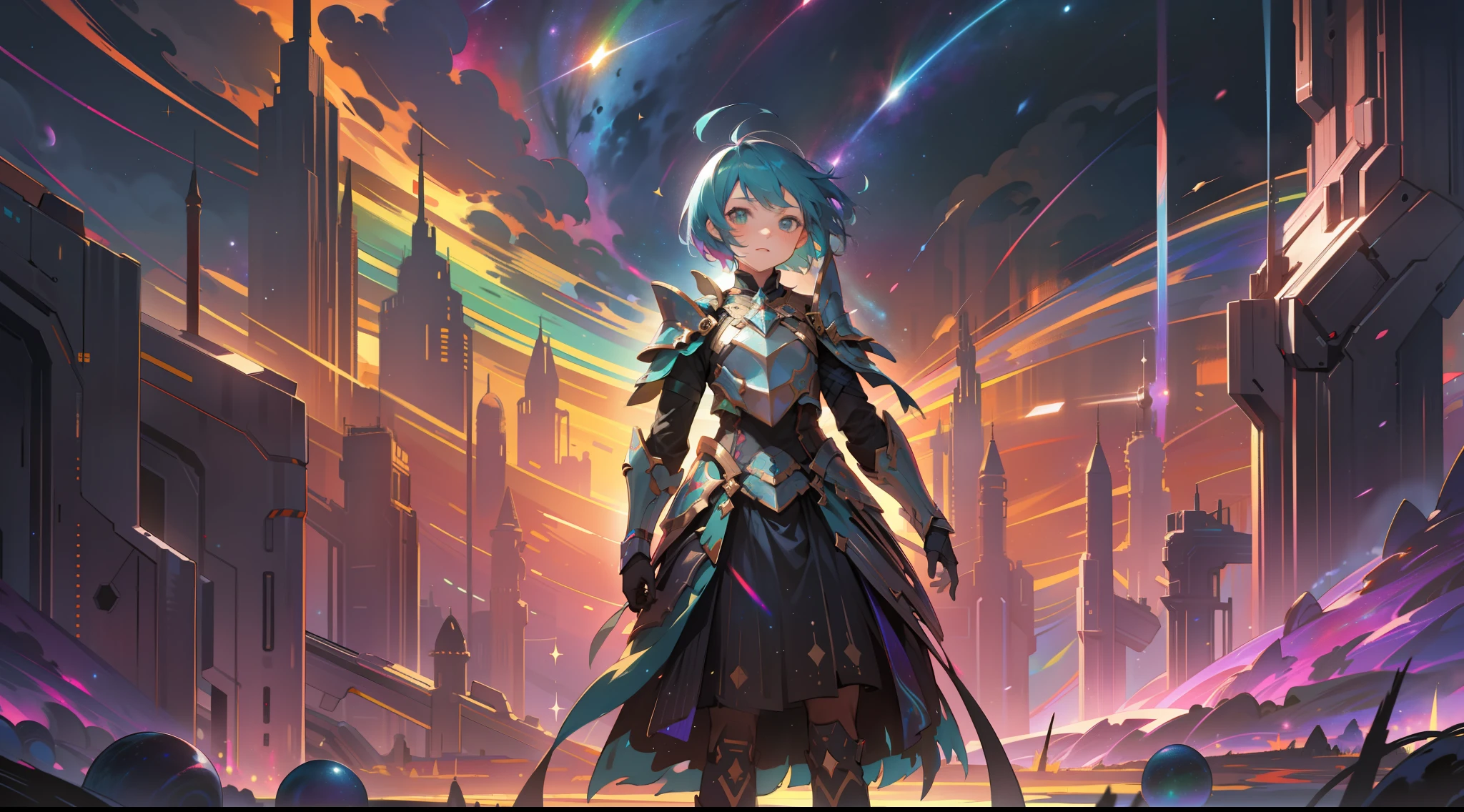 a girl, wildly rainbow colored short hair, dark fantasy, rainbow teal colored dress armor, standing, cosmic nebula background, stars, galaxies, surrounded by dark machines and shadows