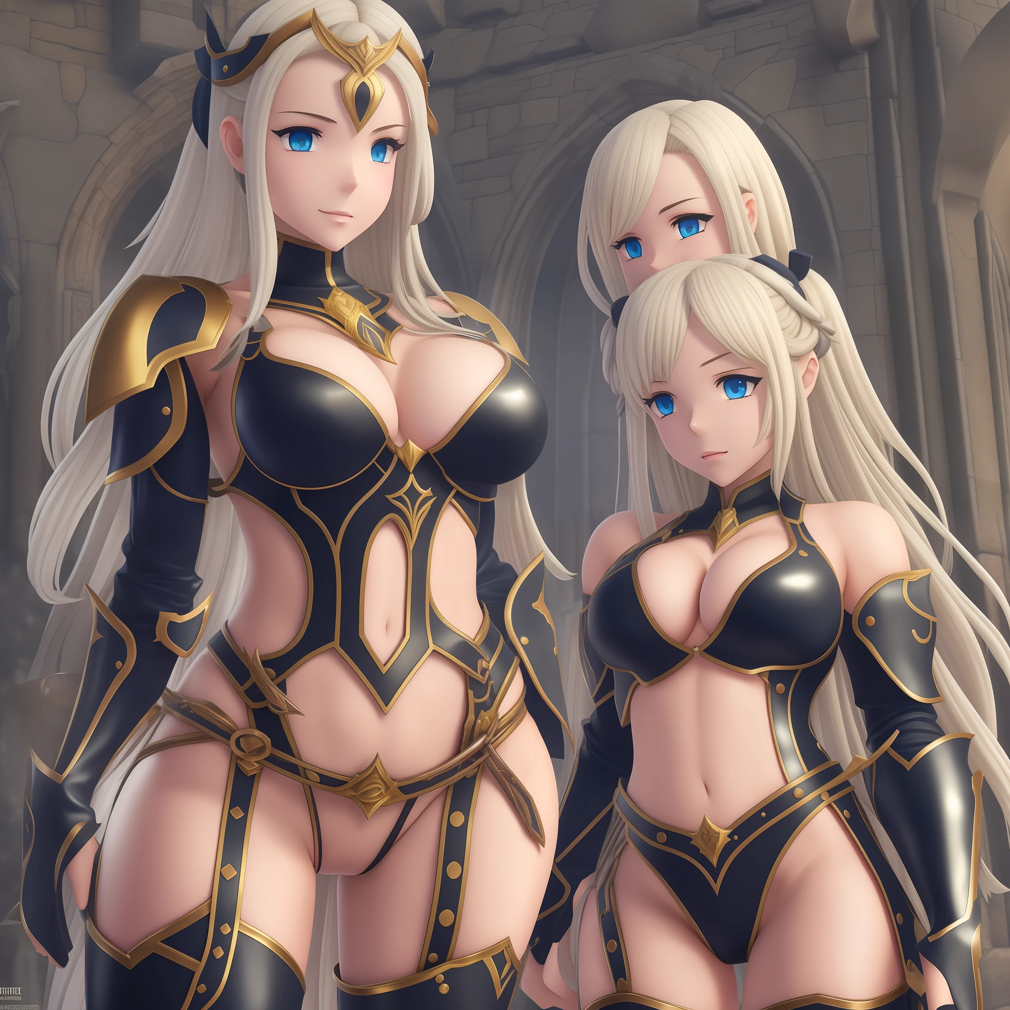 NSFW, "little sister" Elise from FIre Emblem Fates, Blonde hair in twin-drills, Titan-sized and busty GIANTESS, looming over the castle, woman of GODDESS-tier proportions, Towering over everything at 1000 feet tall, child-like personality but with a mature sexy body, Hyper-breasts, ideal body: Extreme hourglass figure, wearing ONLY Bikini armor,