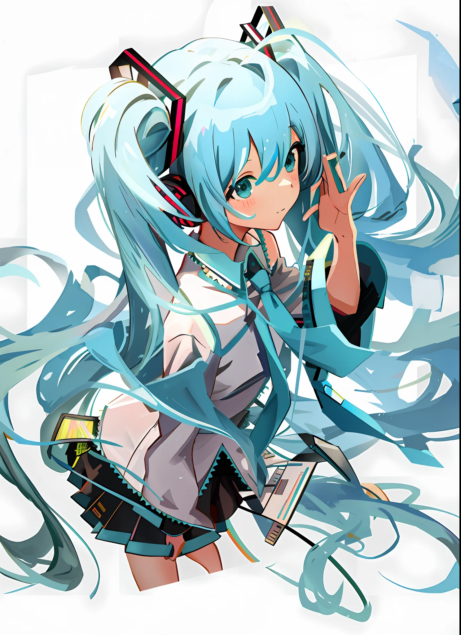 ((（masterpiece）)), best quality, 4K 动漫壁纸，(long hair blue hair girl:1.3), (blue and green hair girl:1.1), Vocaloid, Hatsune Miku, (short hair Hatsune Miku:0.9), pixiv 风格, nightcore, earphones, digital art, anime style, (Hatsune Miku portrait:1.2), Mikudayo.