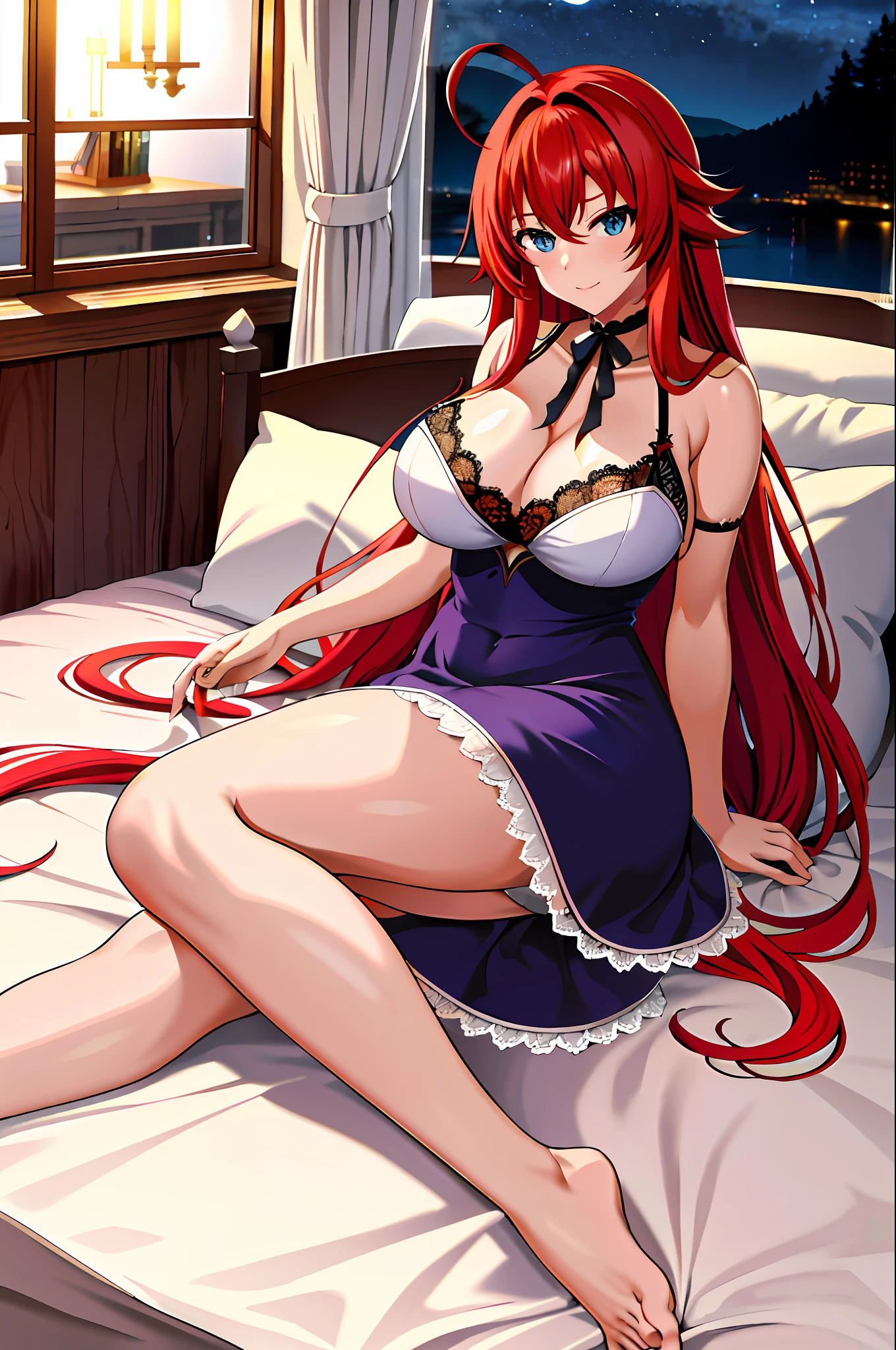 masterpiece, best quality, highres, best quality, highres, rias gremory, 1girl, long hair, red hair, ahoge, blue eyes, large breasts, very long hair, breasts, huge ahoge, indoor, bed, pillow, window, ((Lace night dress)), stocking, lying on bed, spread arm, lying, bare neck,