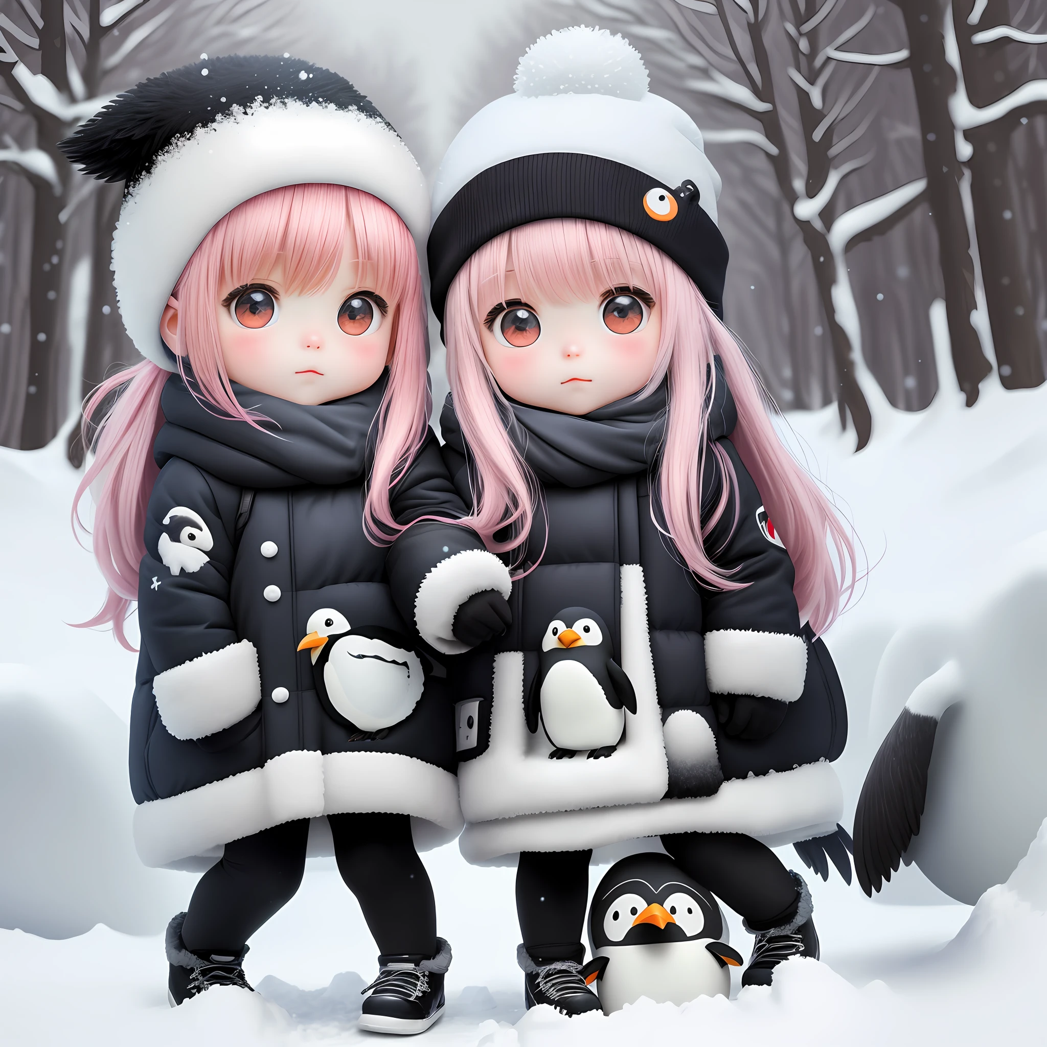twins, chibi, penguins, lots of snow, snowflakes, high resolution, (masterpiece: 1.4), super detailed