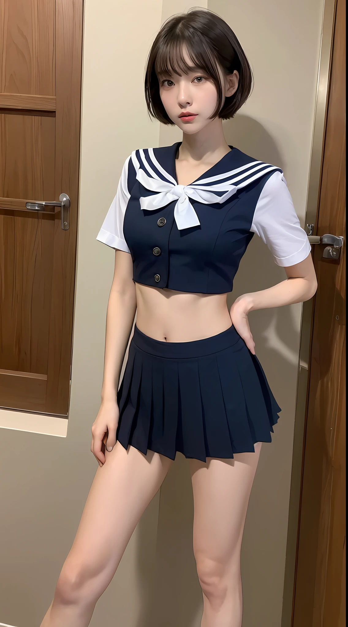 ((Top Quality, 8k, Masterpiece: 1.3)), 1 girl, Beauty with slender abs: 1.3, (Medium Short Hair, Big: 1.2), Sailor Suit: 1.1, Ultra Detailed Face, Detailed Eyes, Double Eyelids, Black Pleated Skirt, Full Body, Navel, Beautiful Legs, Thighs