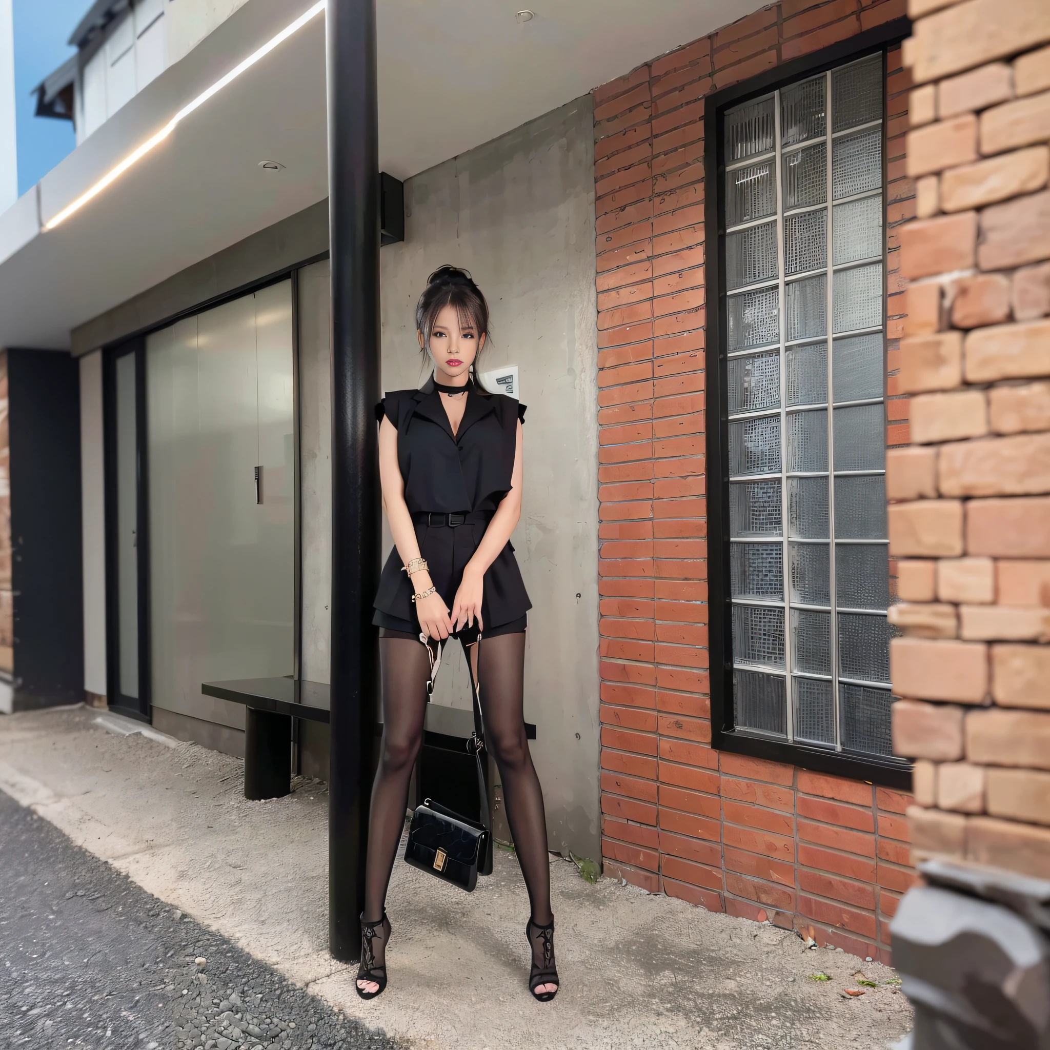 there is a woman standing on the sidewalk with a purse, dressed all in black, sexy look, black outfit, with black, sexy style, stylish pose, sakimichan, wearing in black clothes, full pose, tumblr, chiho, various pose, sexy :8, full body!!, 奈良美智