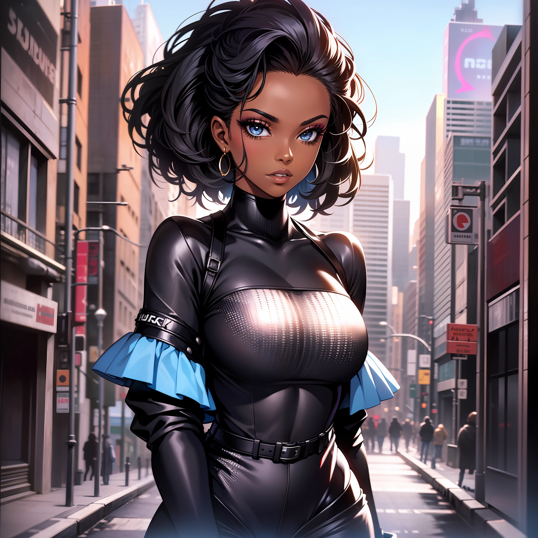 (a young woman:1.2)| (a girl:1.1), dark skin, portrait, makeup, super detailed, 80's style, city, straight look, contoured.