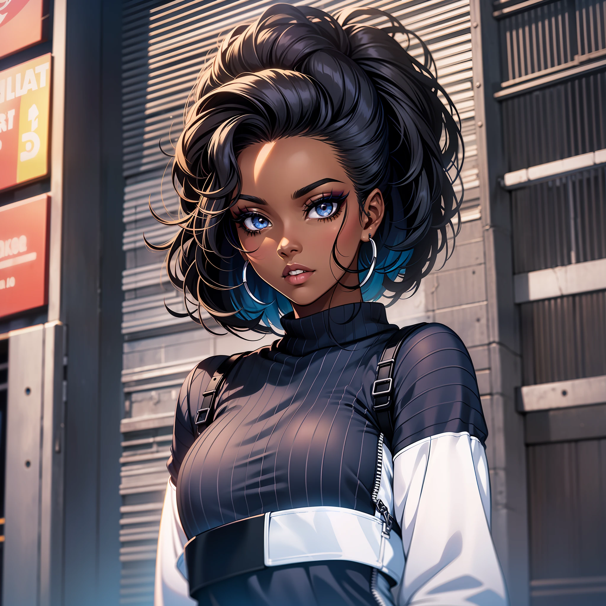 (a young woman:1.2)| (a girl:1.1), dark skin, portrait, makeup, super detailed, 80's style, city, straight look, contoured.