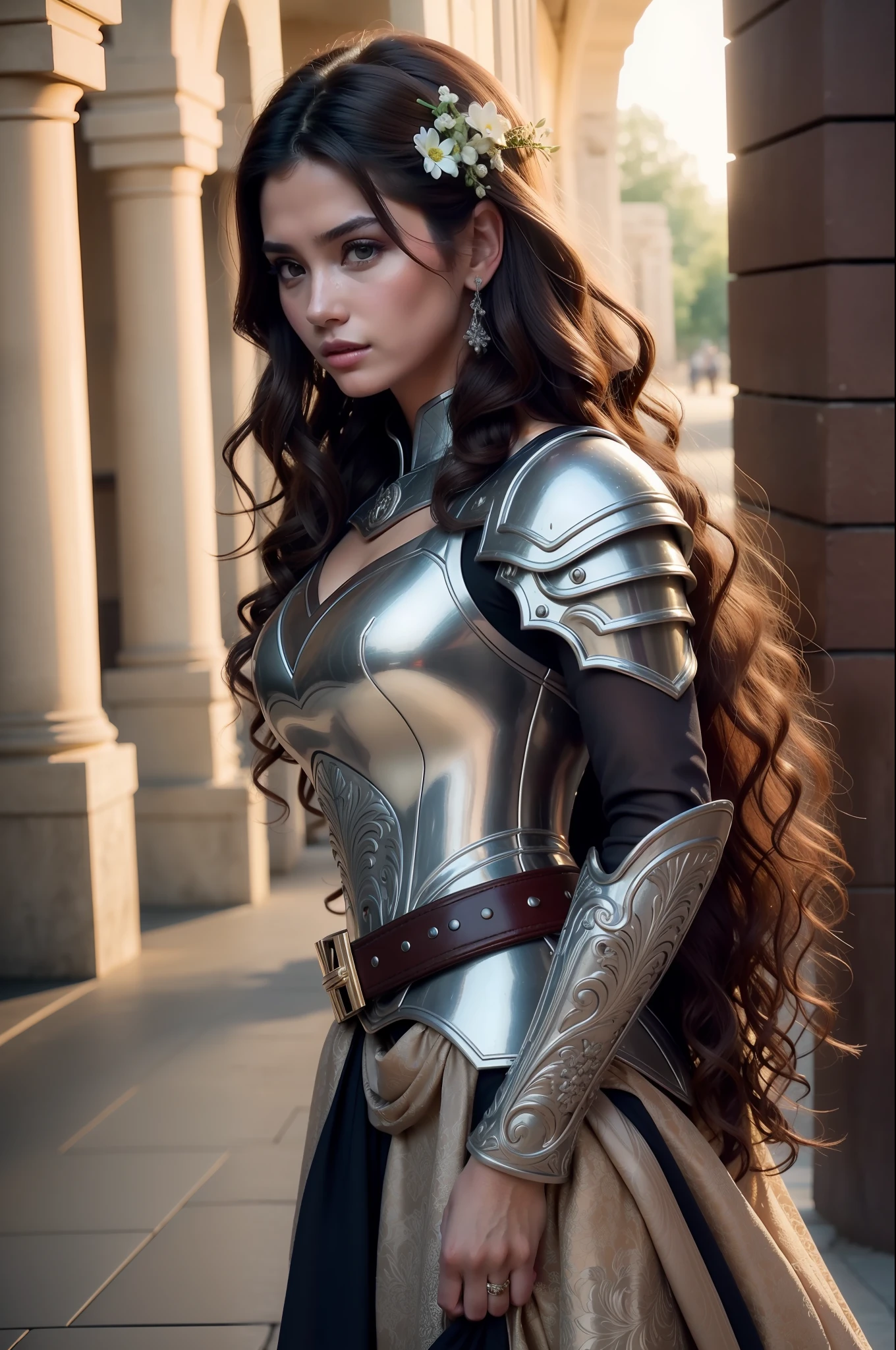 (8K, best quality: 1.2), (masterpiece: 1.37), (photo, photorealistic: 1.37), (ultra-high resolution), full body, walking pose, front footage, slow motion, Curly-haired woman wearing flowery dress, (light silver armor: 1.2),(richly decorated armor), (incredibly detailed, bloom: 1.5), (high sharpness), (detailed students: 1.1), detailed face and eyes, Masterpiece, best quality, (highly detailed photo: 1.1), (long brown hair, curly, ecstatic: 1.1), (young: 1.1), sharp, (perfect body:1.1), realistic, real shadow, 3d, (temple background:1.2), (by Michelangelo), photographed by Canan EOS R6, 135mm, 1/1250s, f/2.8, ISO 400