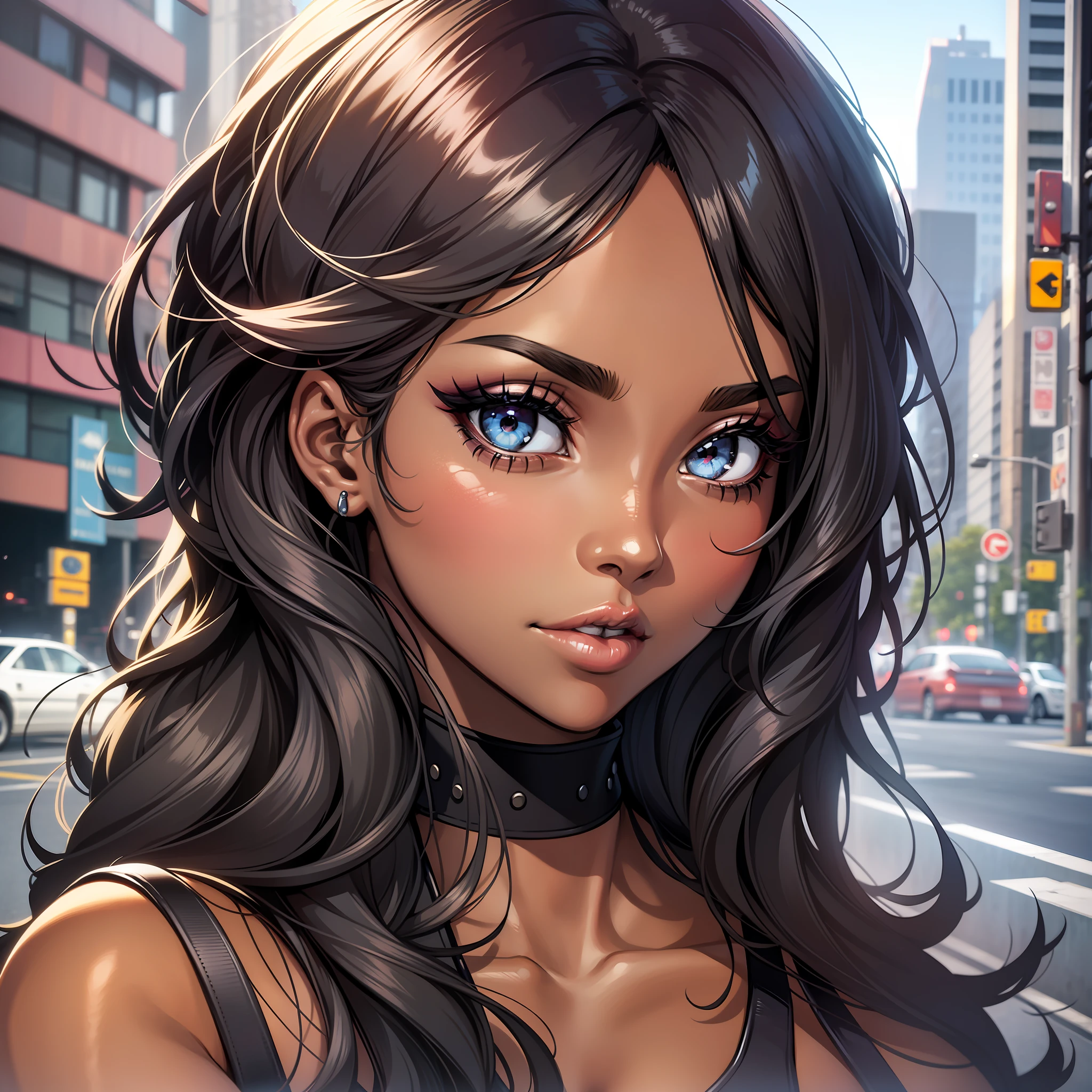 (a young woman:1.2)| (a girl:1.1), dark skin, portrait, makeup, super detailed, 80's style, city, straight look, contoured.